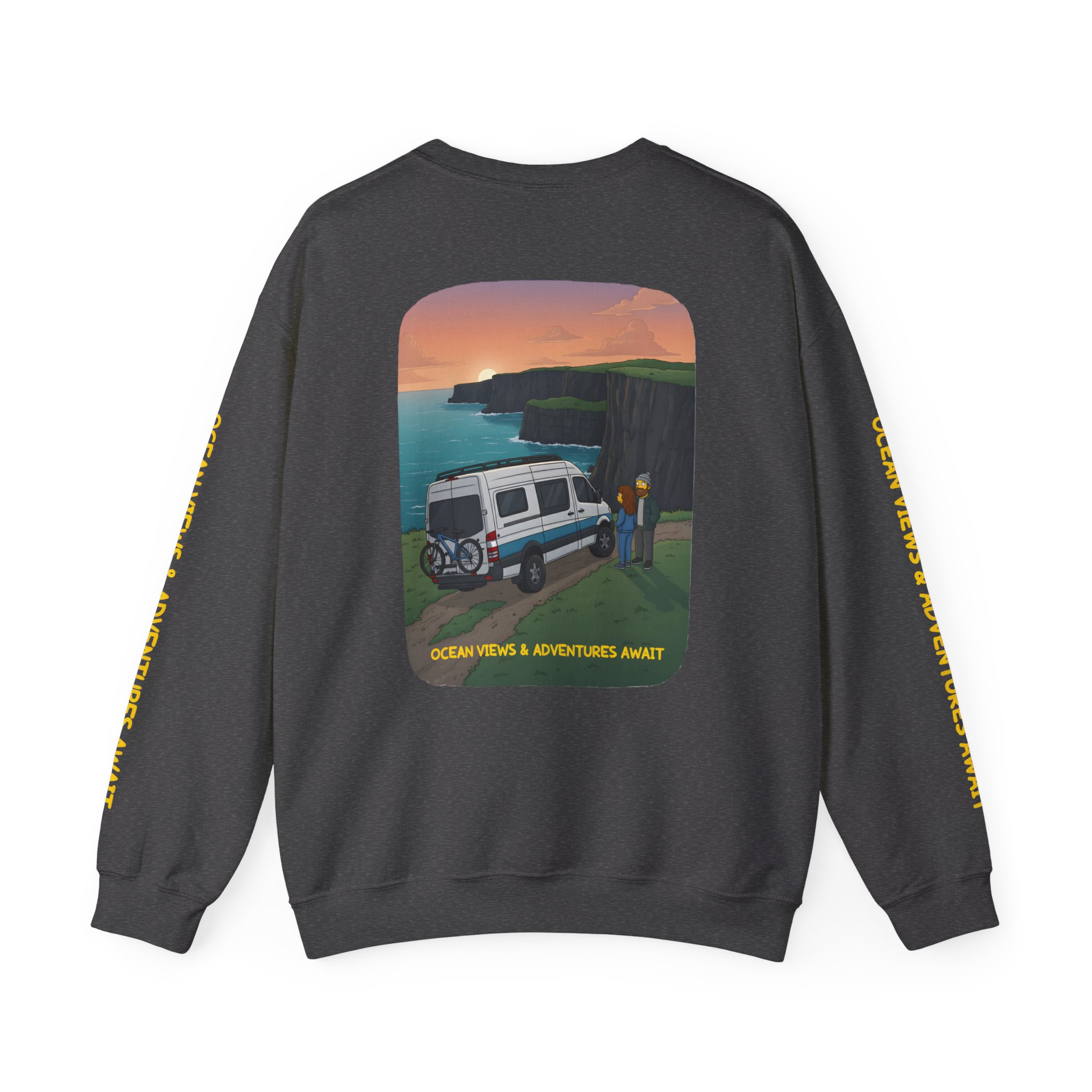 Unisex Heavy Blend™ Crewneck Sweatshirt — "Ocean Views-Adventures Awaits" Design Sitcom-Line