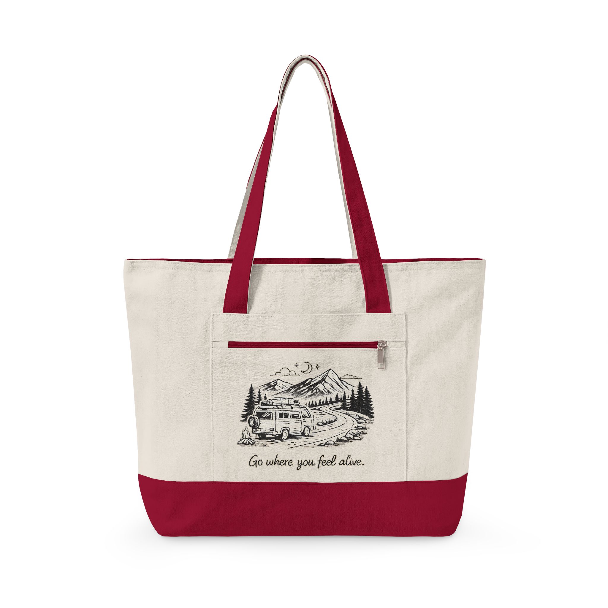 Zippered Canvas Tote — "Go Where You Feel Alive" (Design Minimal-Line)