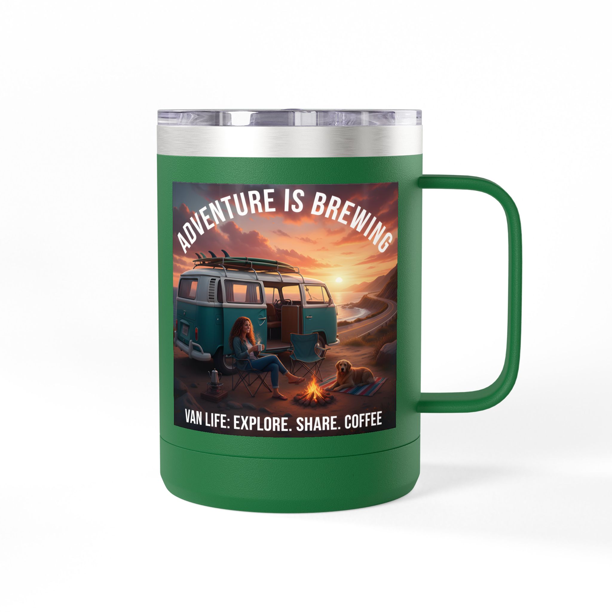 Coffee Mug Tumbler, 15oz-- "Adventure Is Brewing"