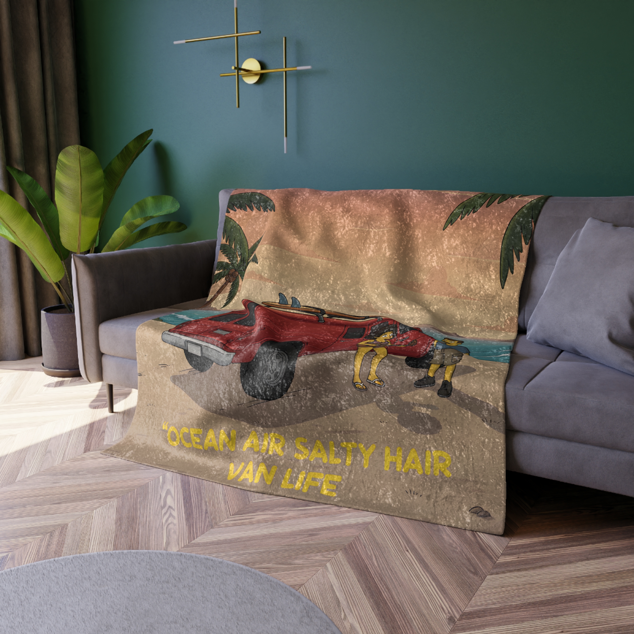 Crushed Velvet Blanket —"Ocean Air Salty Hair Van Life" Design Sitcom-Line (Campervan)