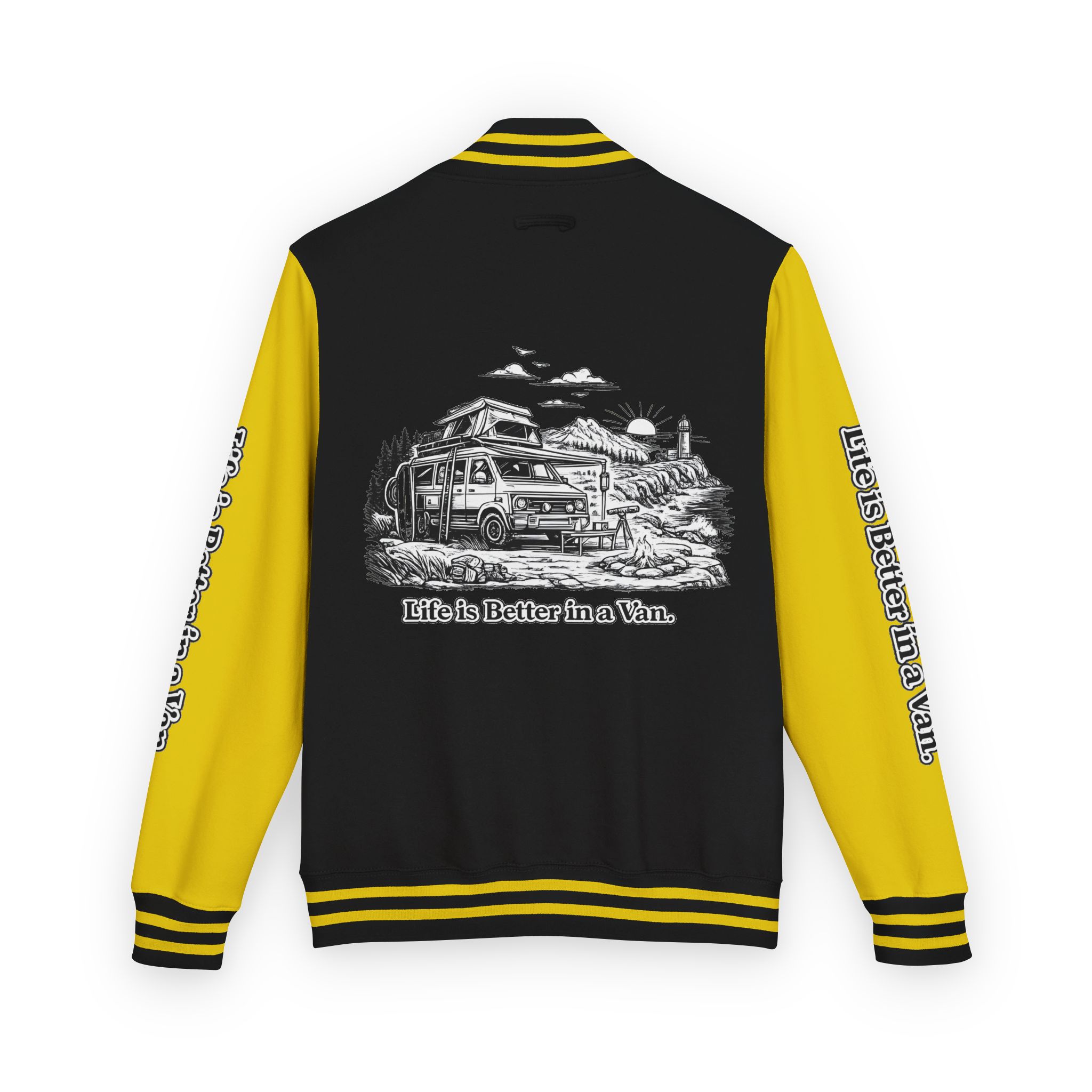 Unisex Heavyweight Letterman Jacket — "Life Is Better In A Van" Travel Varsity Coat
