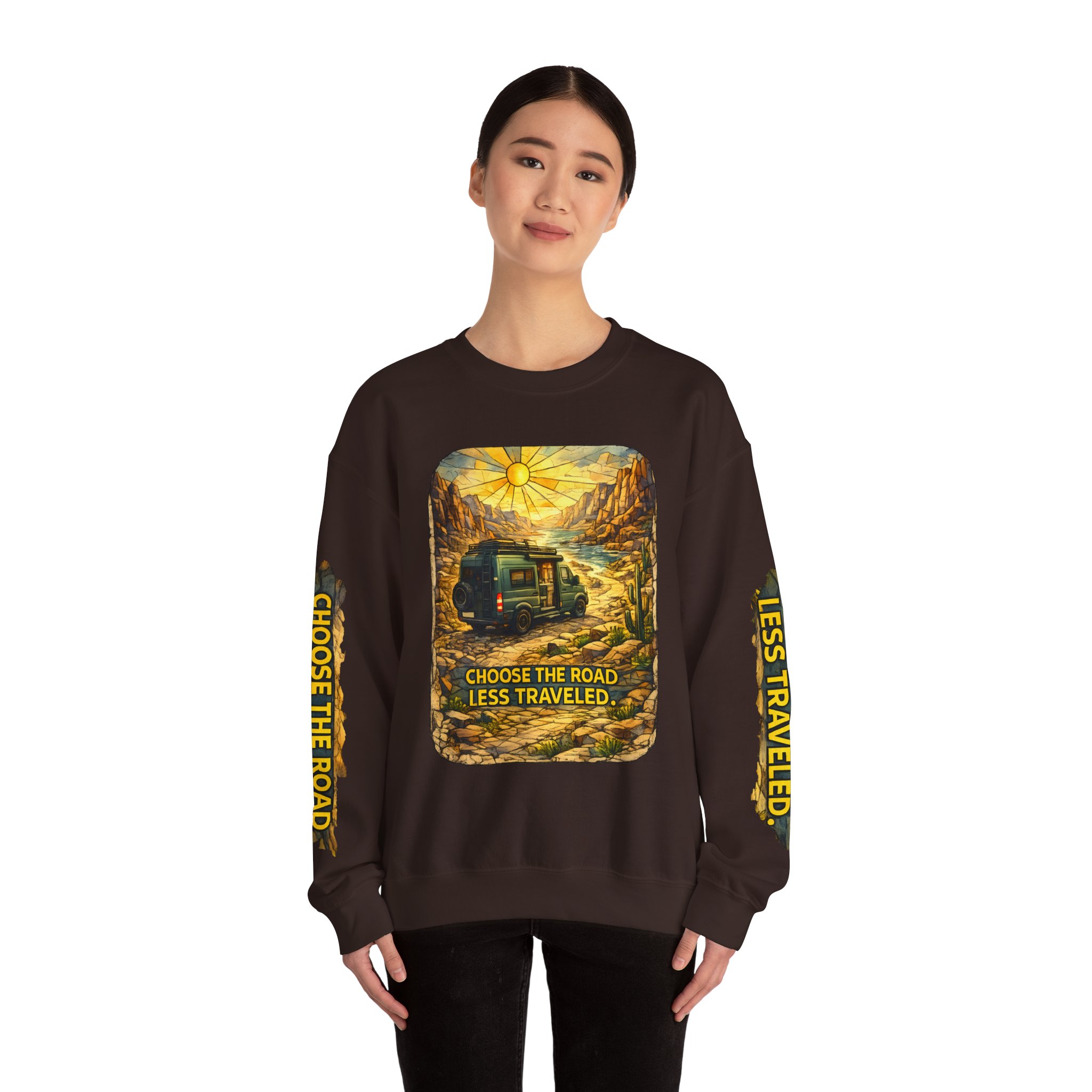 Unisex Heavy Blend™ Crewneck Sweatshirt — "Choose The Road Less Traveled" Design Cubic-Line