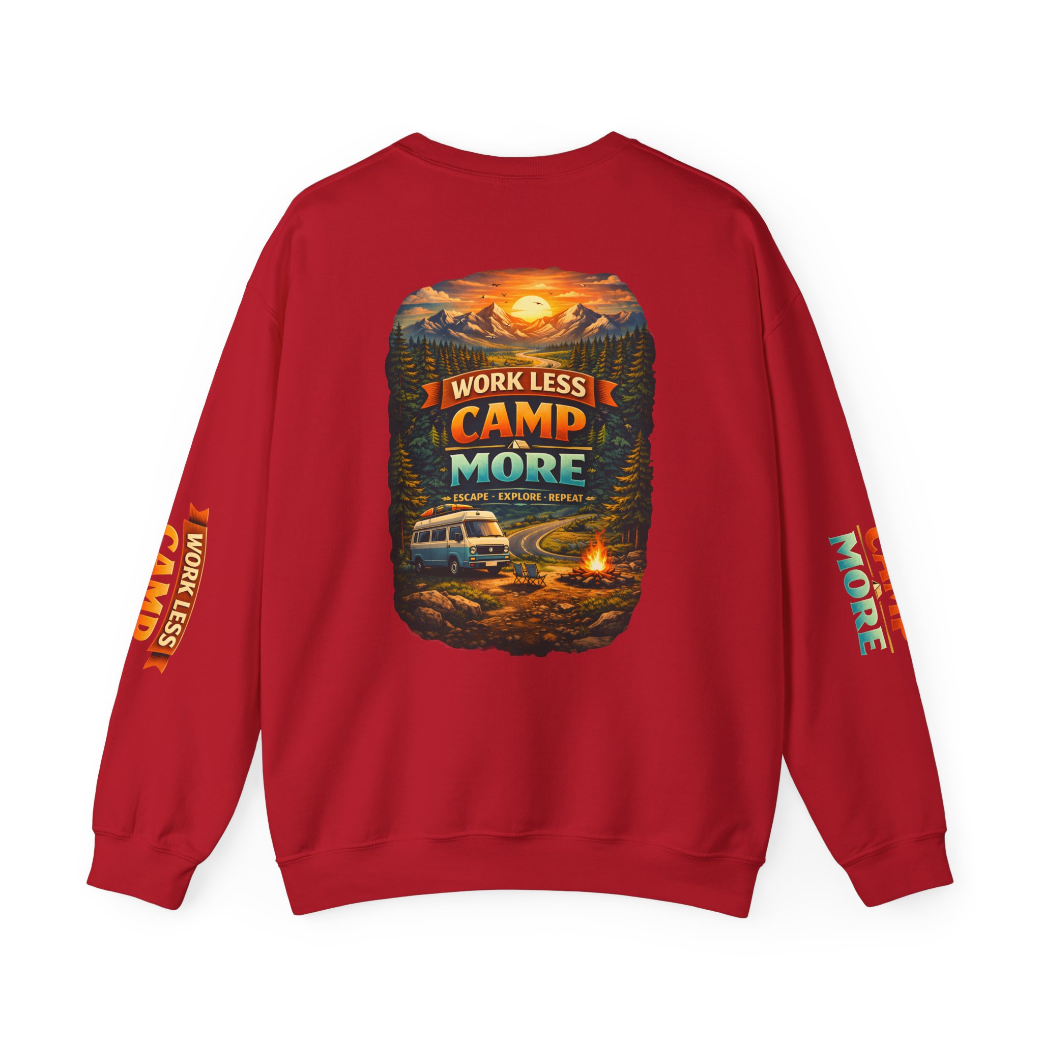 Unisex Heavy Blend™ Crewneck Sweatshirt — "Work Less-Camp More" Design Scenic-Line