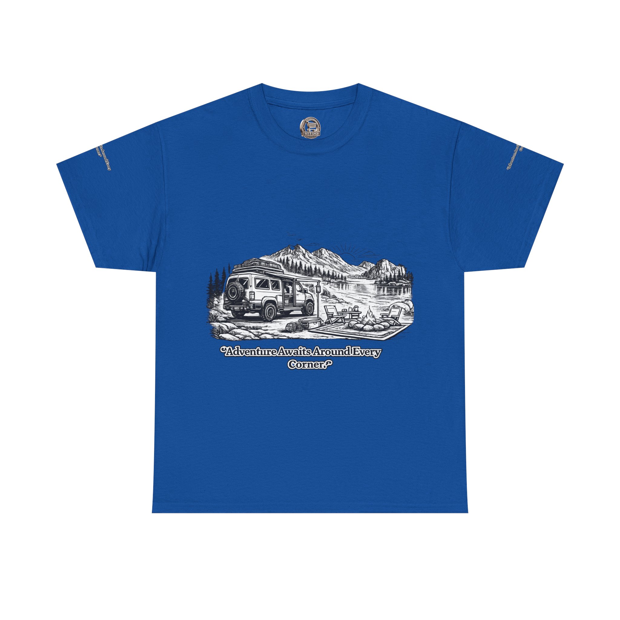 Unisex Heavy Cotton Tee — "Adventure Awaits Around Every Corner" Design Minimal-Line