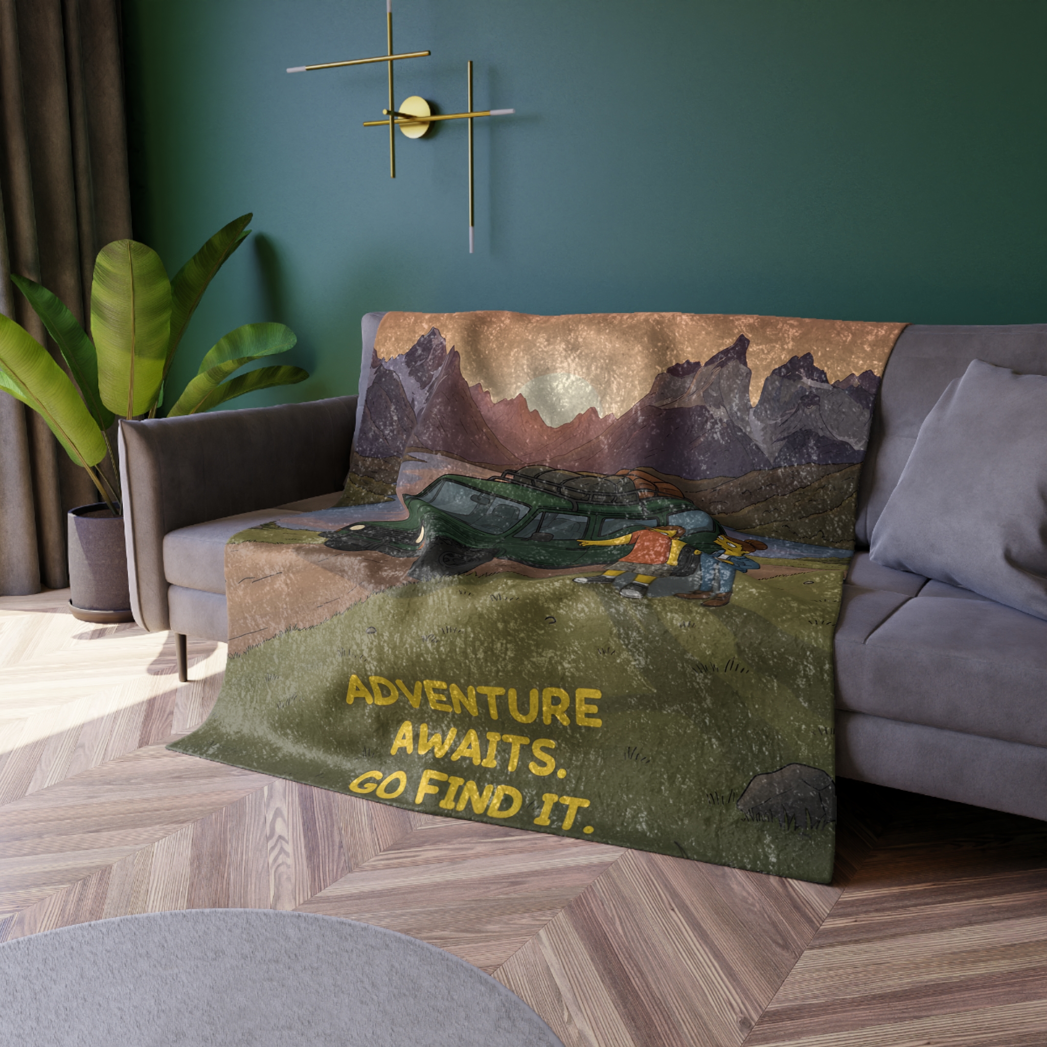 Crushed Velvet Blanket —"Adventure Awaits-Go Find It" Design Sitcom-Line (Campervan)