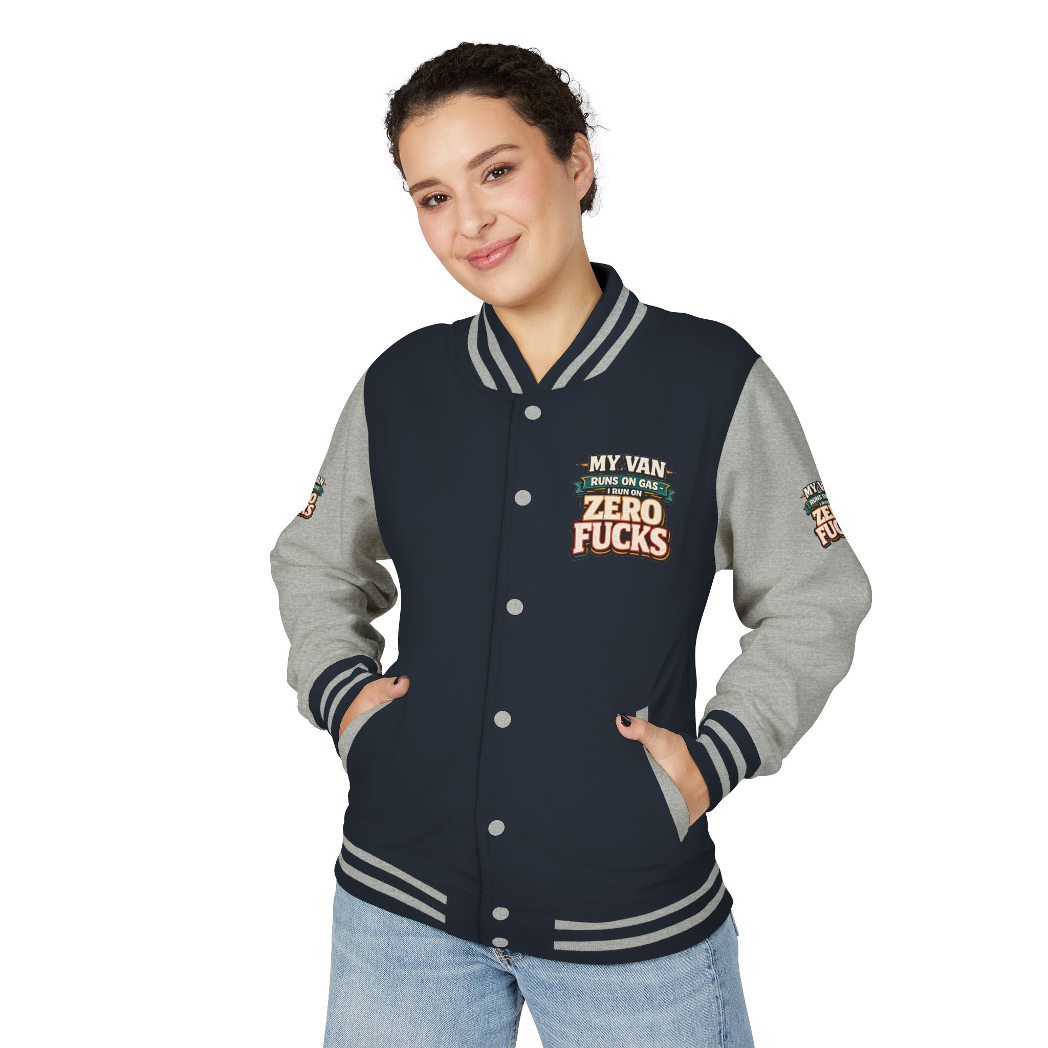 Unisex Heavyweight Letterman Jacket — "My Van Runs On Gas" Design F**K-Line
