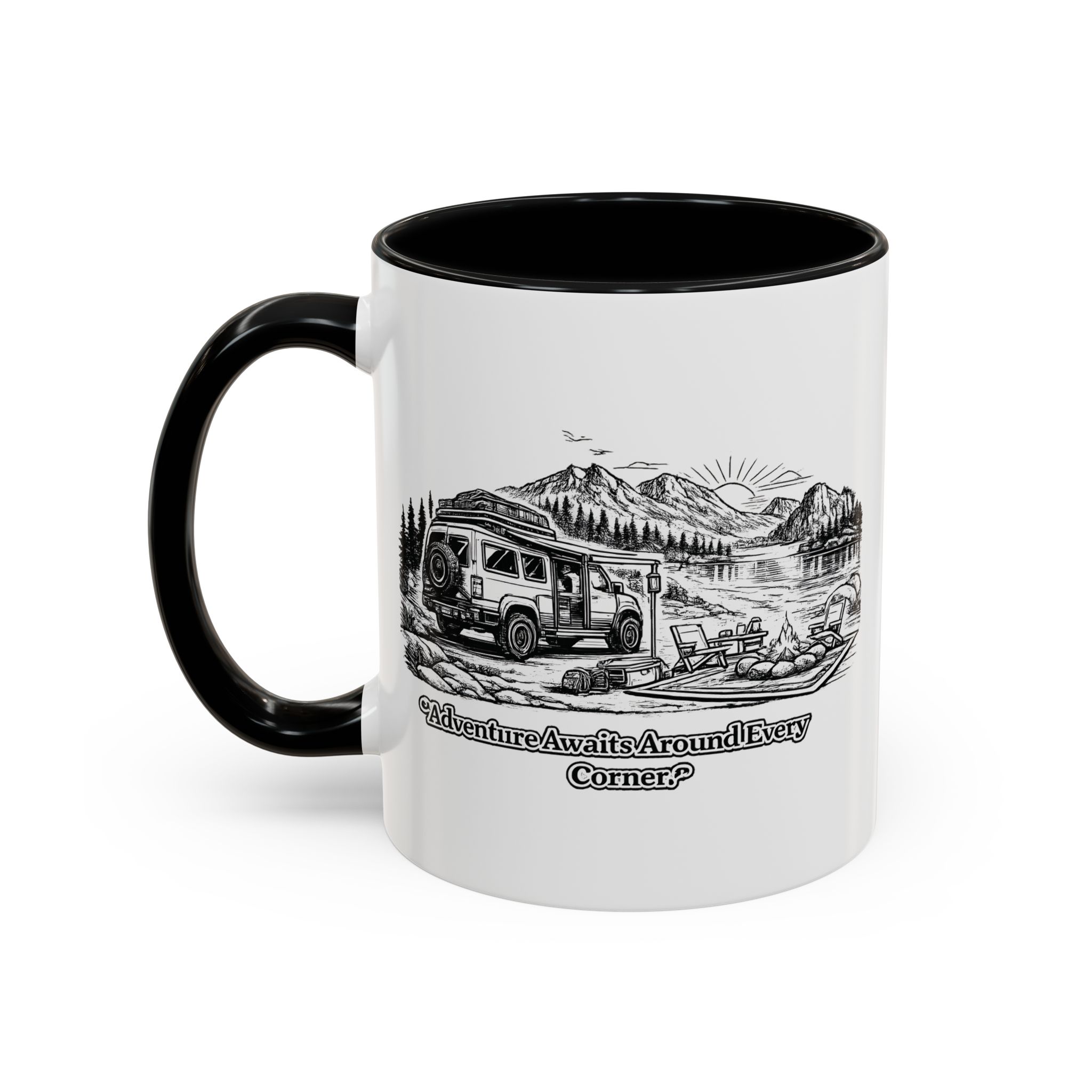 Accent Coffee Mug (11, 15oz) — "Adventure Awaits Around Every Corner" Design Minimal-Line