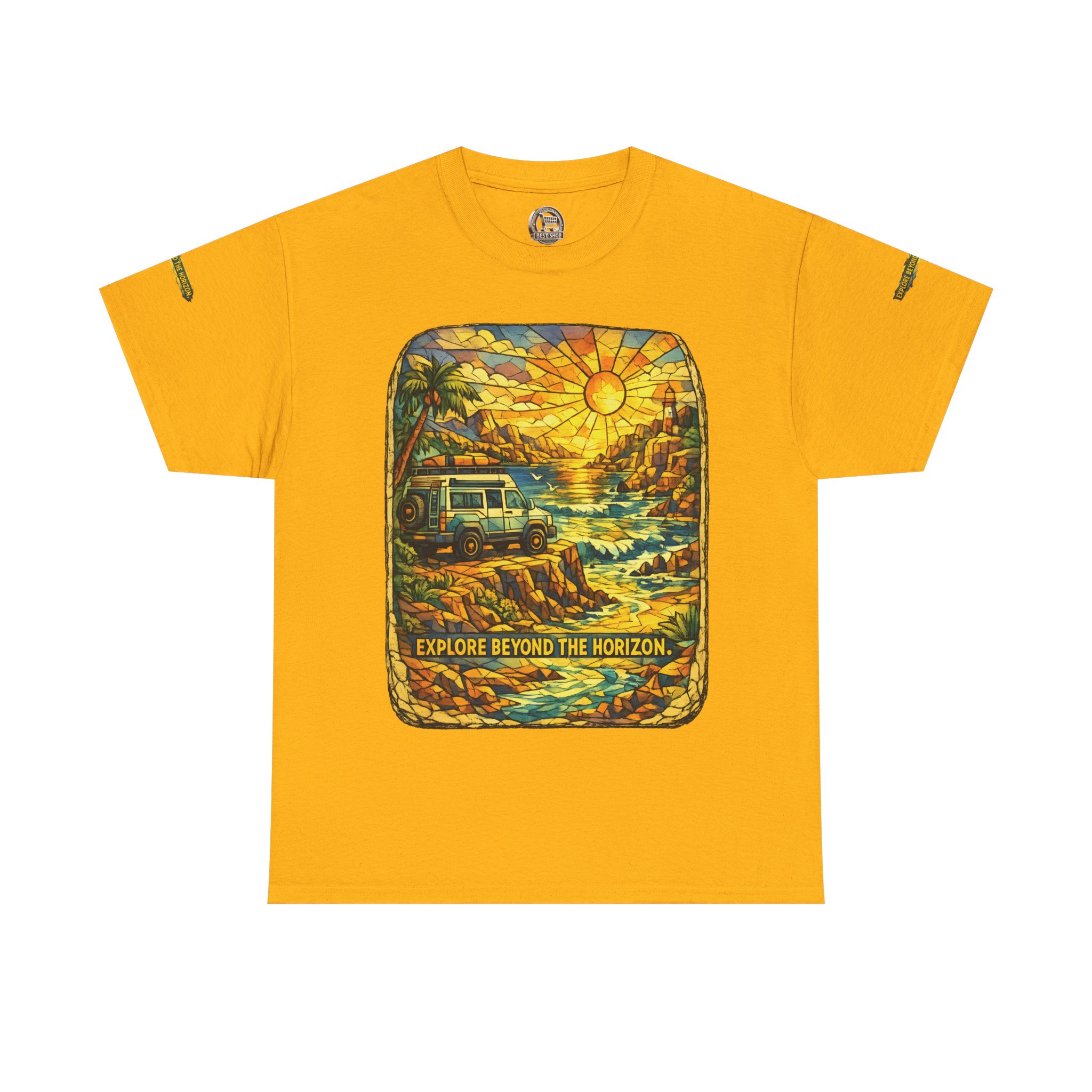 Unisex Heavy Cotton Tee — "Explore Beyond The Horizon" Design Cubic-Line