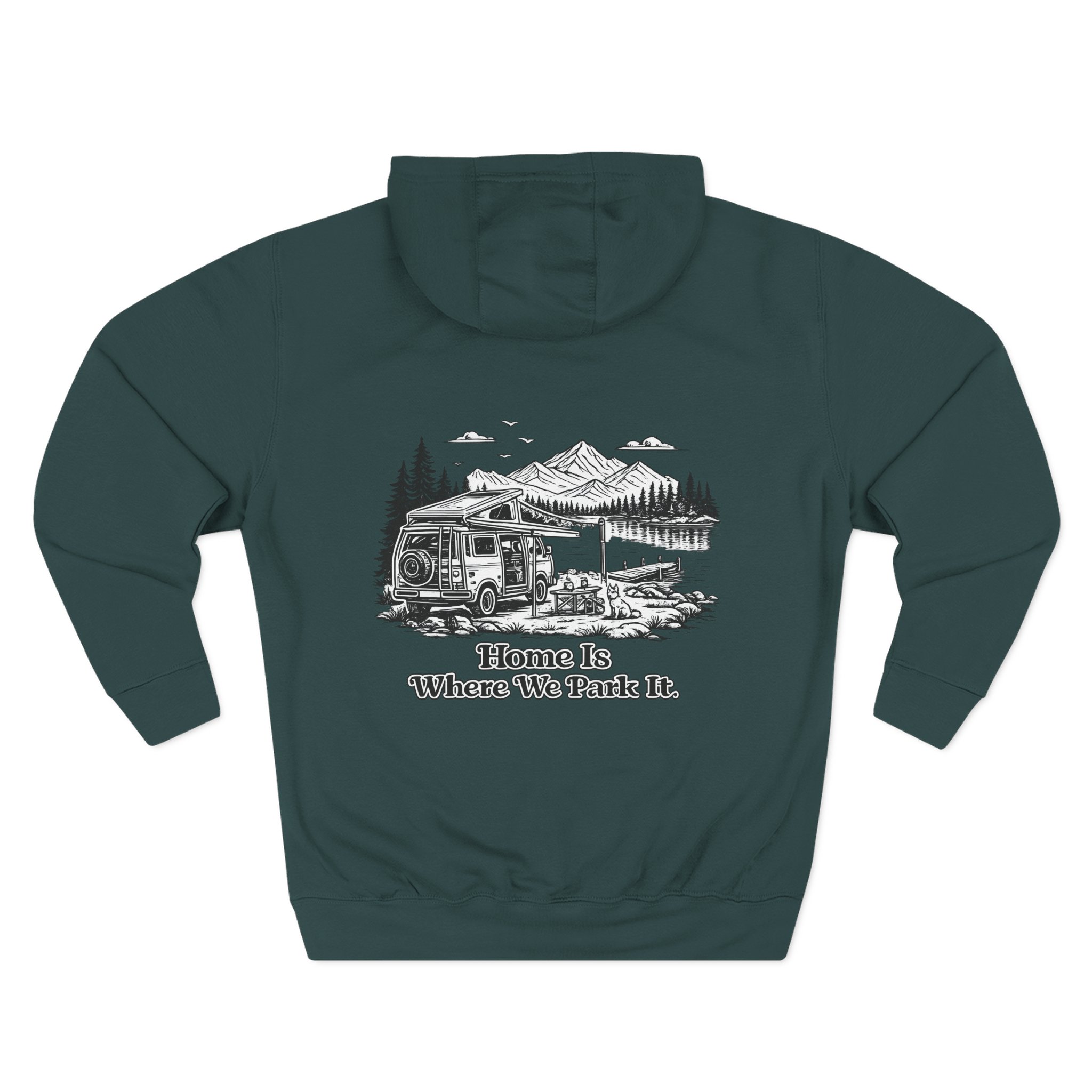 Three-Panel Fleece Hoodie - "Home Is Where You Park It" Design Minimal-Line