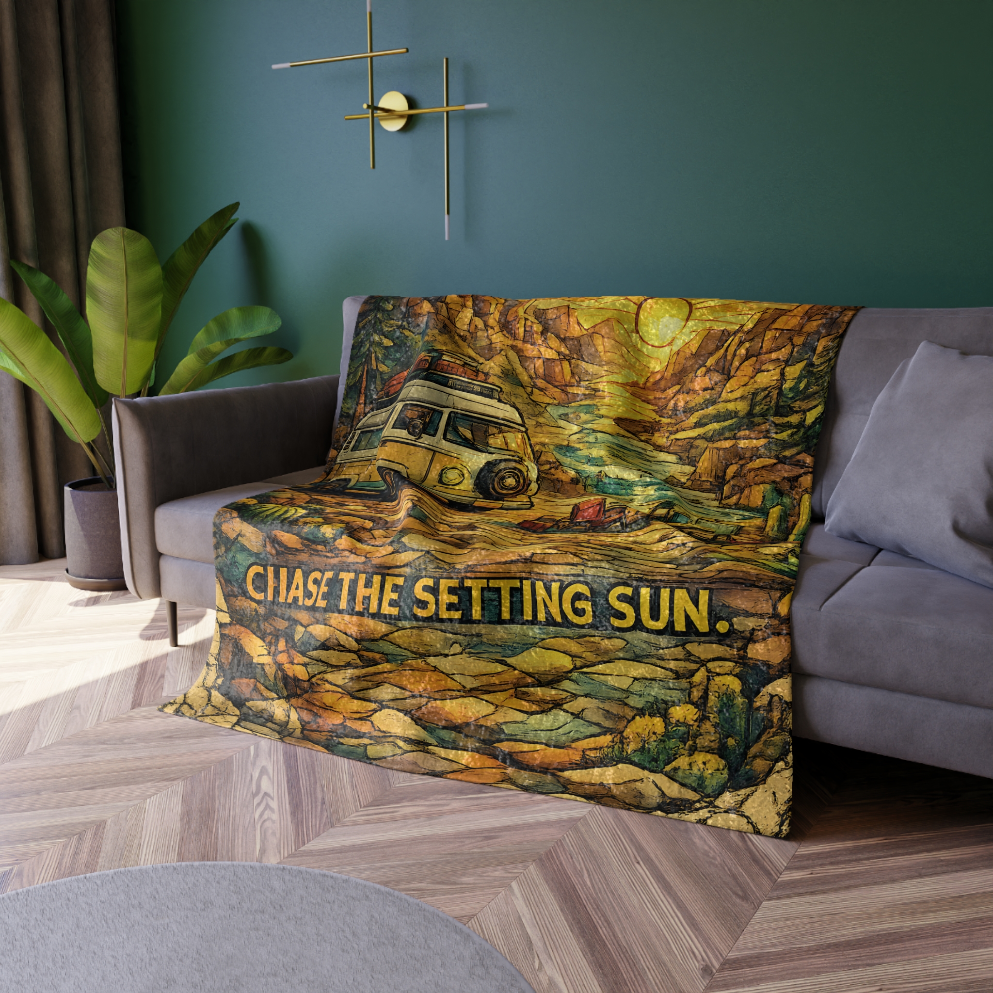 Crushed Velvet Blanket —"Chase The Settings Sun" Design Cubic-Line(Campervan)