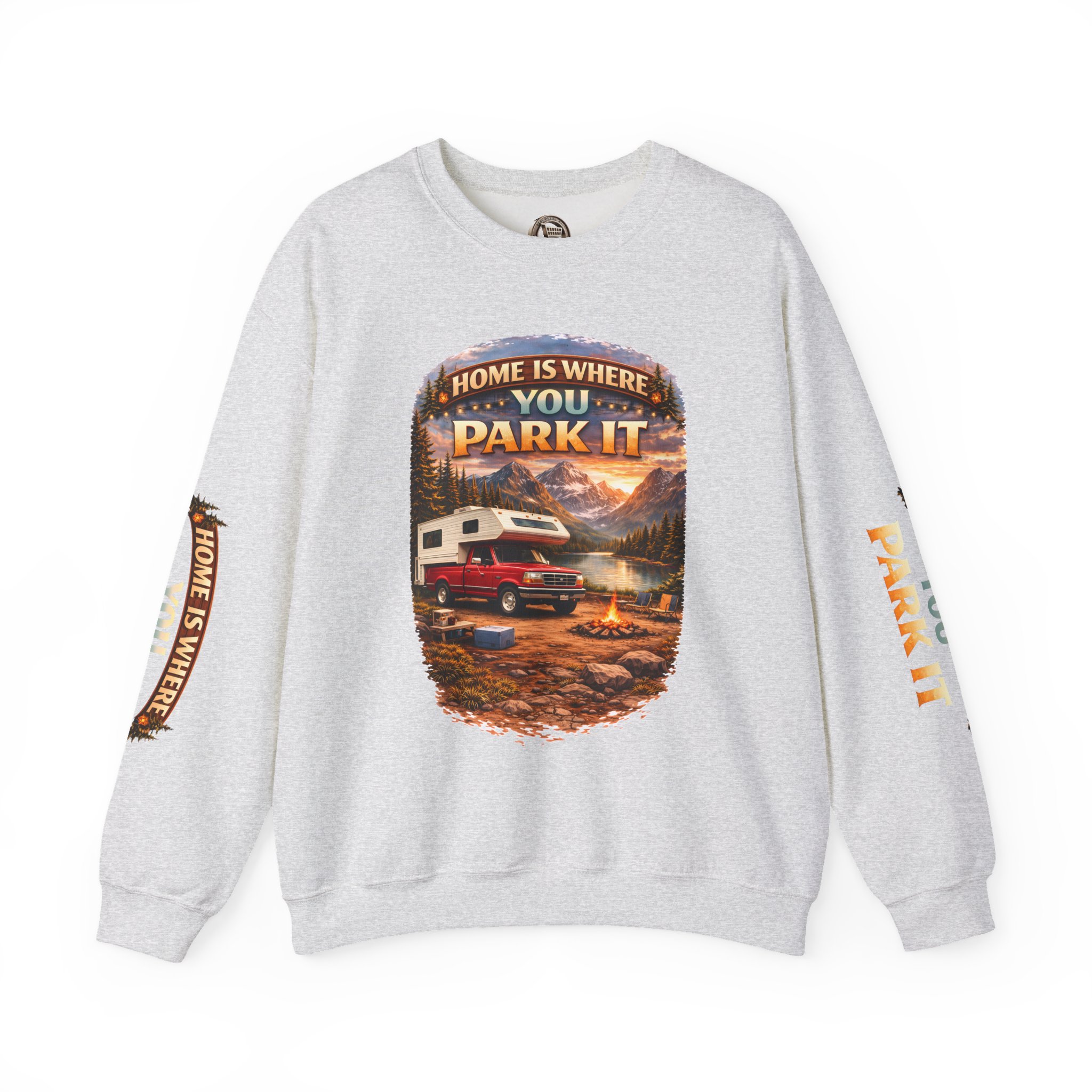 Unisex Heavy Blend™ Crewneck Sweatshirt — "Home Is Where You Park It" Design Scenic-Line