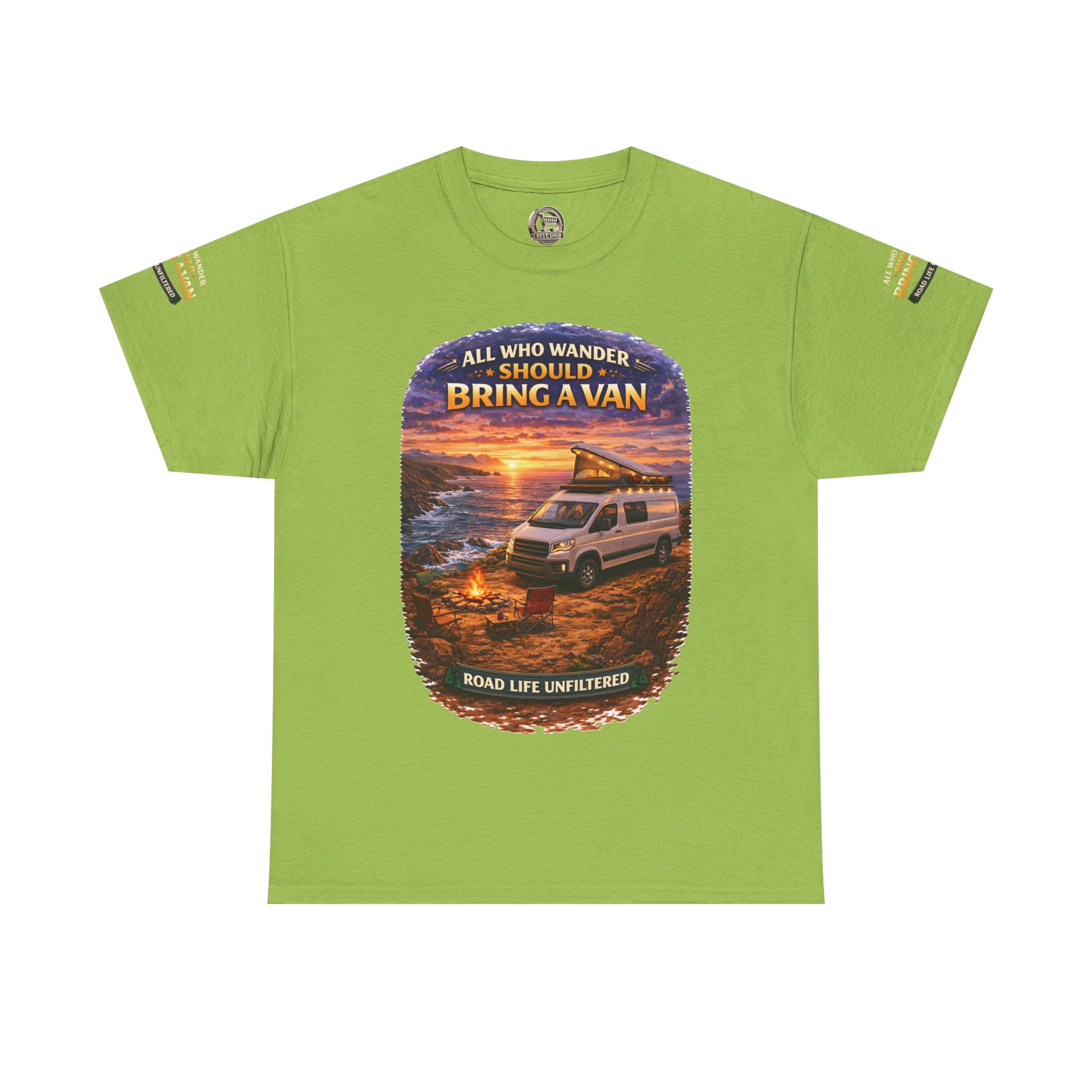 Unisex Heavy Cotton Tee — "All Who wander Should Bring A Van" Design Scenic-Line