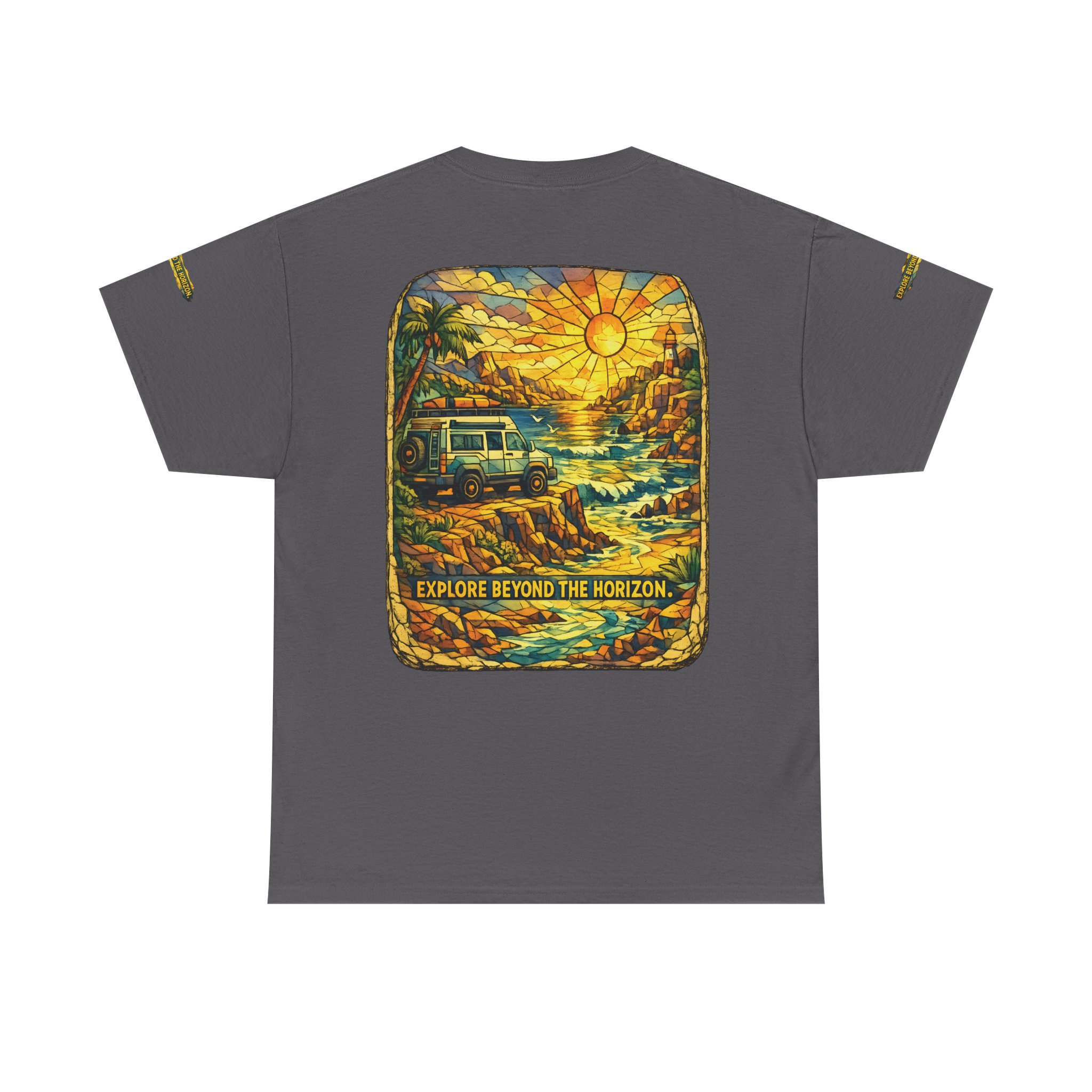 Unisex Heavy Cotton Tee — "Explore Beyond The Horizon" Design Cubic-Line