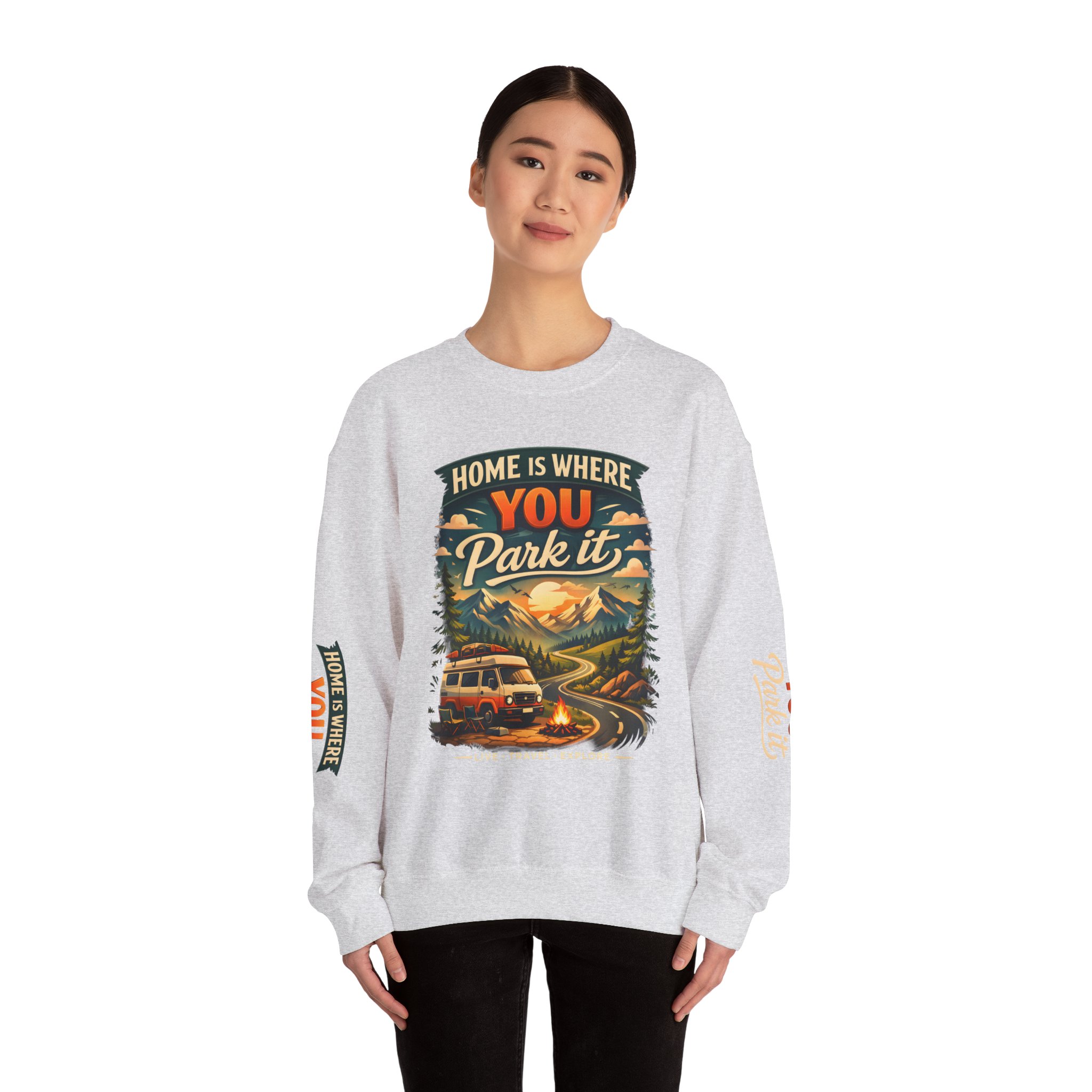 Unisex Heavy Blend™ Crewneck Sweatshirt — "Home Is Where You Park It" Design Scenic-Line