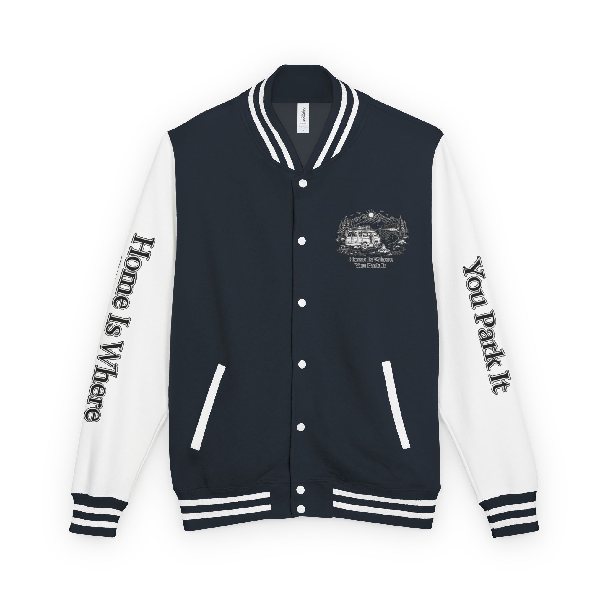 Unisex Heavyweight Letterman Jacket — "Home Is Where You Park It" Travel Varsity Coat