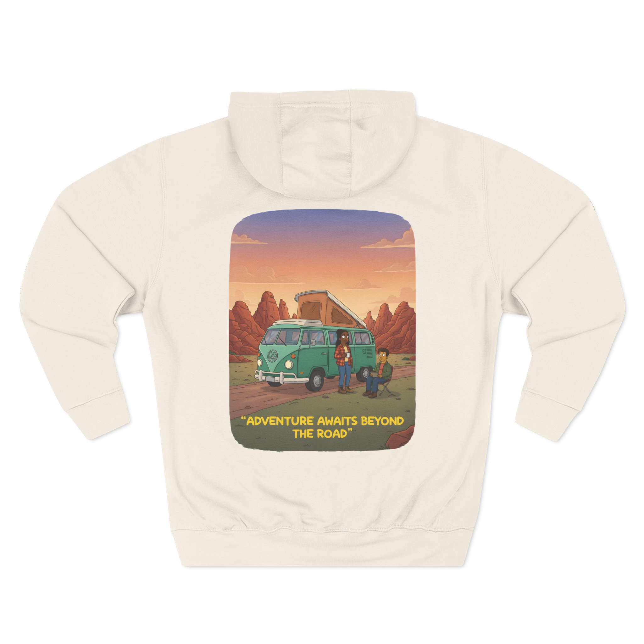 Three-Panel Fleece Hoodie - "Adventure Awaits Beyond The Road" Design Sitcom-Line