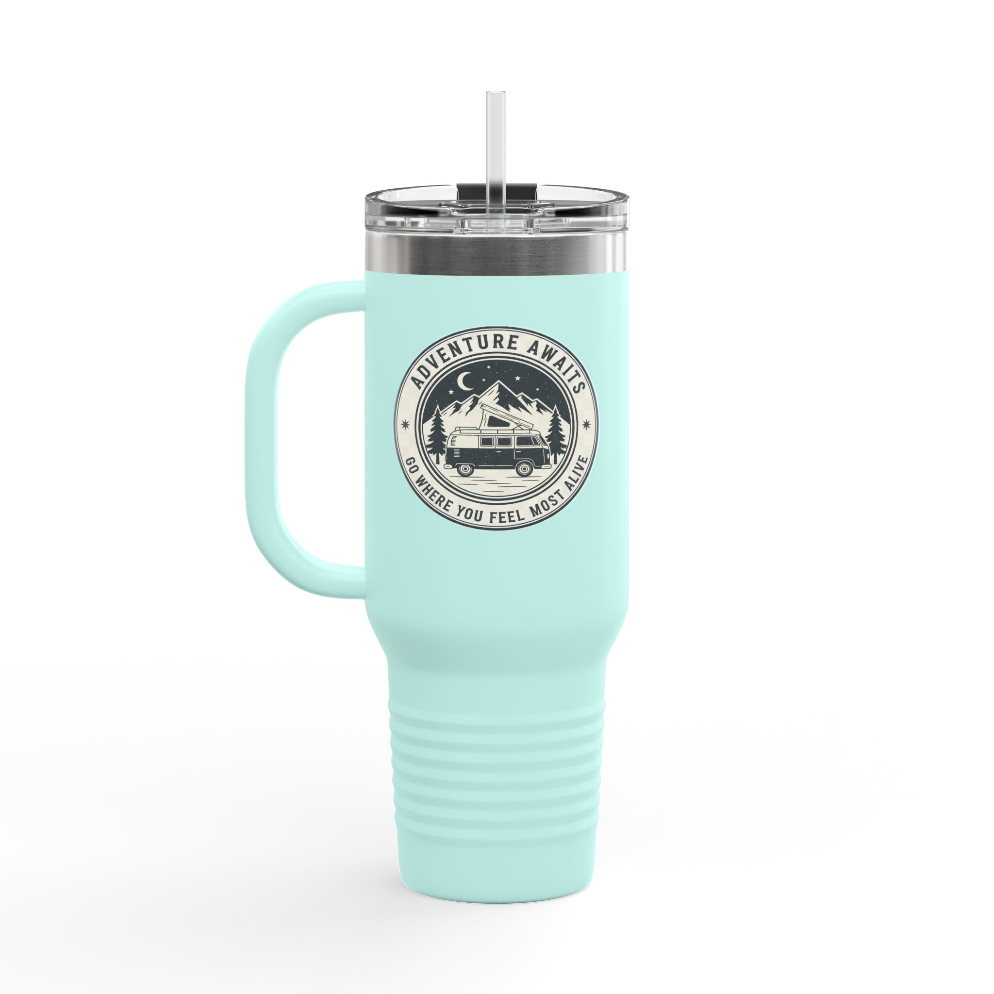 Insulated Travel Mug - "Adventure Awaits-Go Where You Feel Most Alive" (40oz) – Retro Camper Design, Keep Drinks Hot or Cold