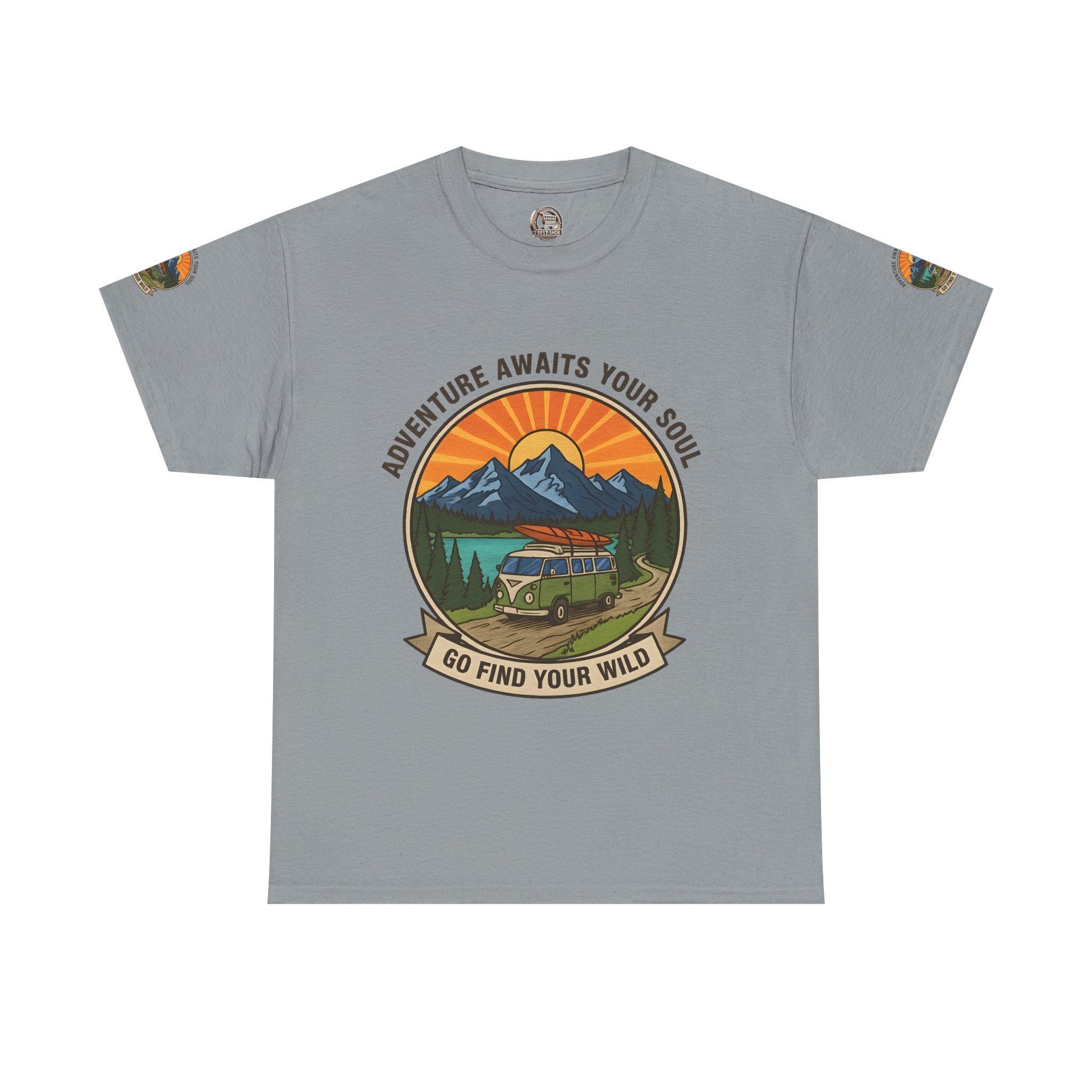Unisex Heavy Cotton Tee — “Adventure Awaits Your Soul: Go Find Your Wild” Van & Mountain Graphic