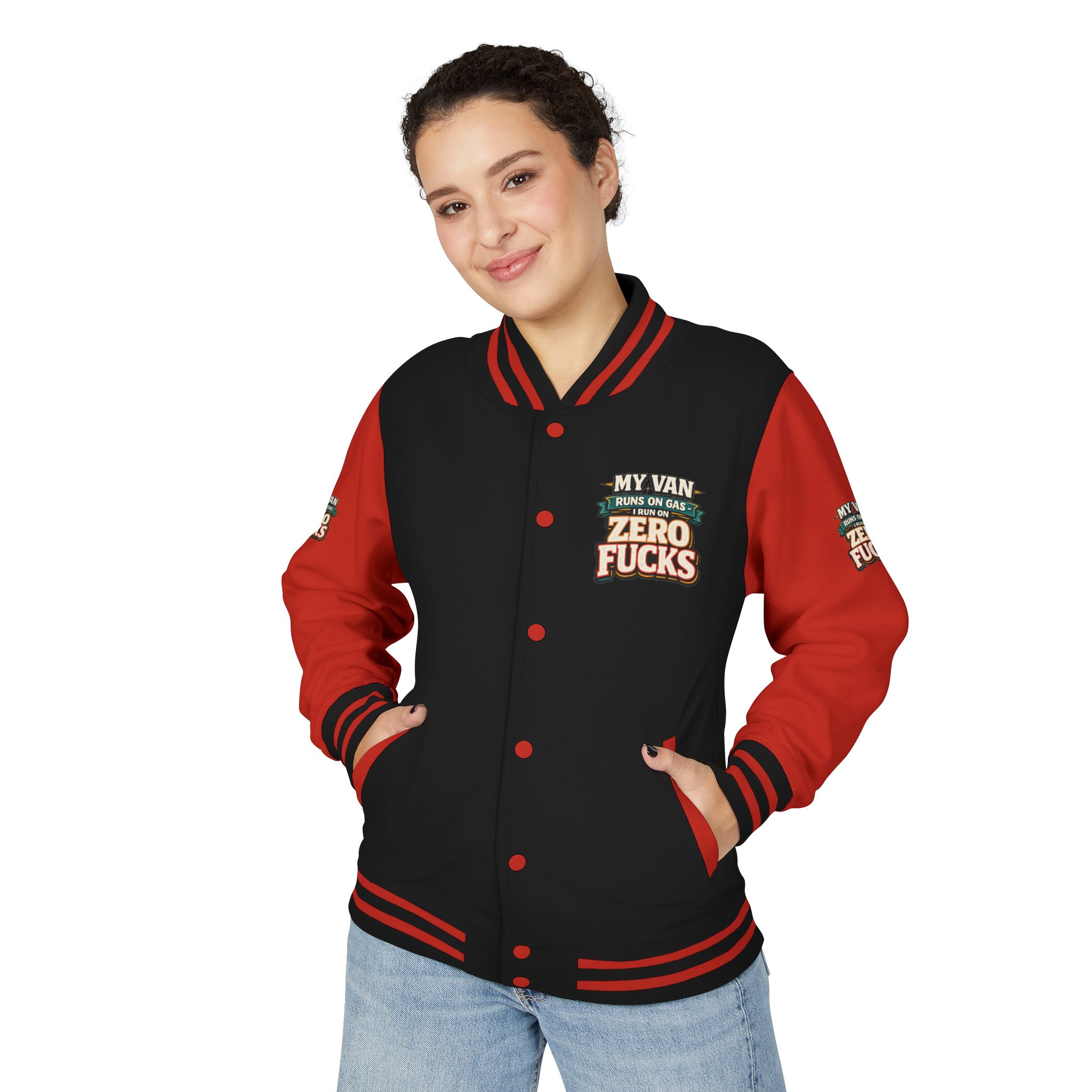 Unisex Heavyweight Letterman Jacket — "My Van Runs On Gas" Design F**K-Line