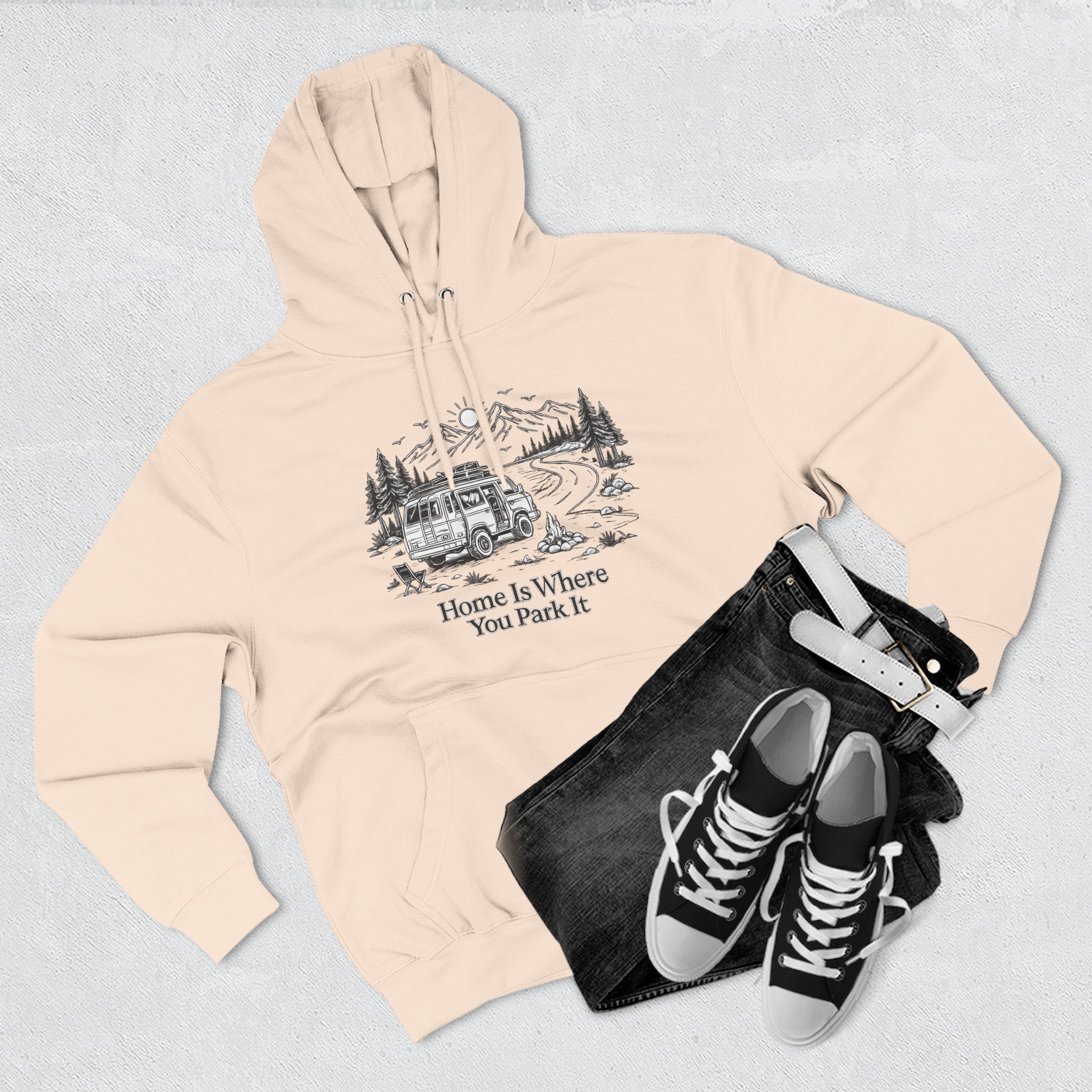8829047255376688903_2048.jpeg Three-Panel Fleece Hoodie - "Home Is Where You Park It" Design Minimal-Line