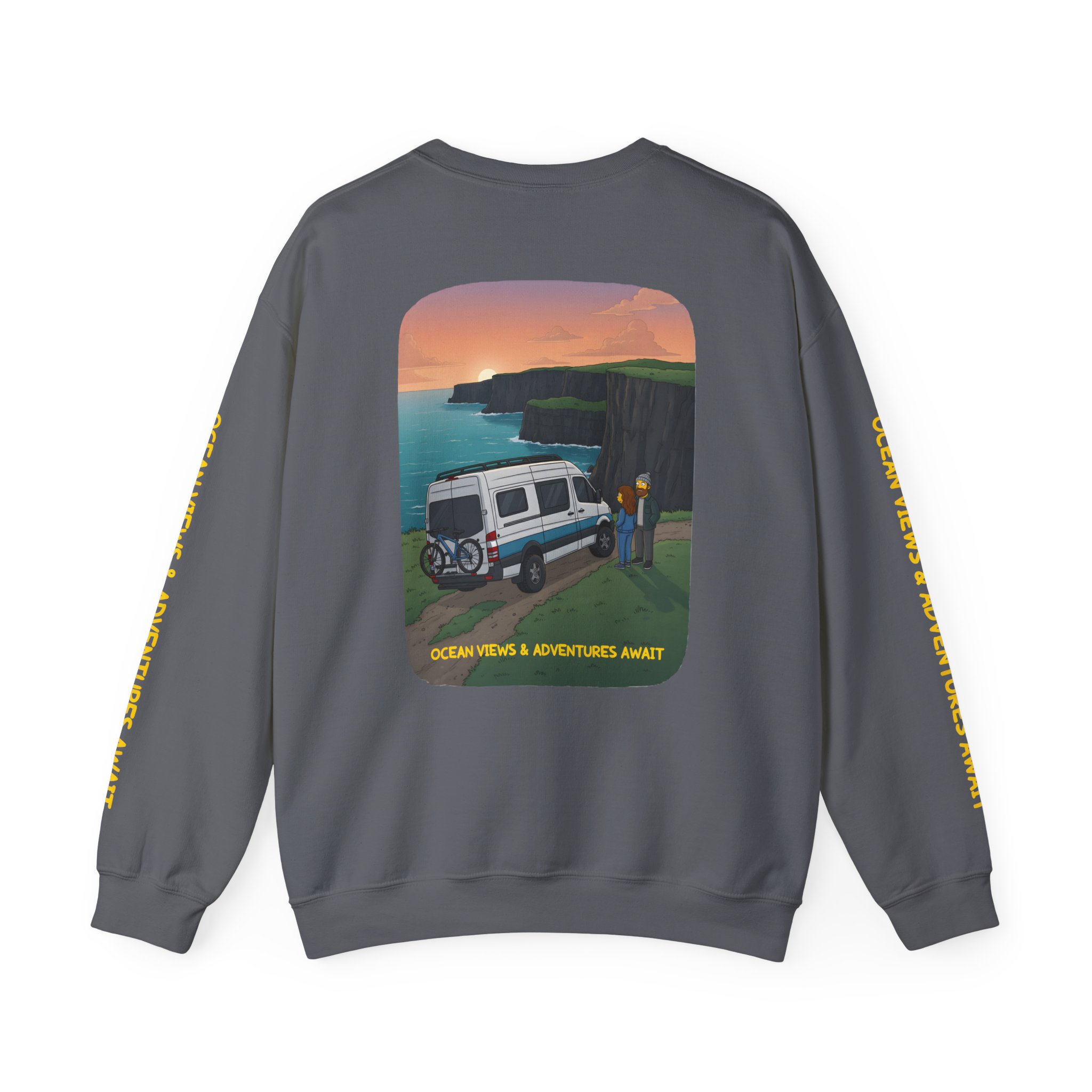 Unisex Heavy Blend™ Crewneck Sweatshirt — "Ocean Views-Adventures Awaits" Design Sitcom-Line