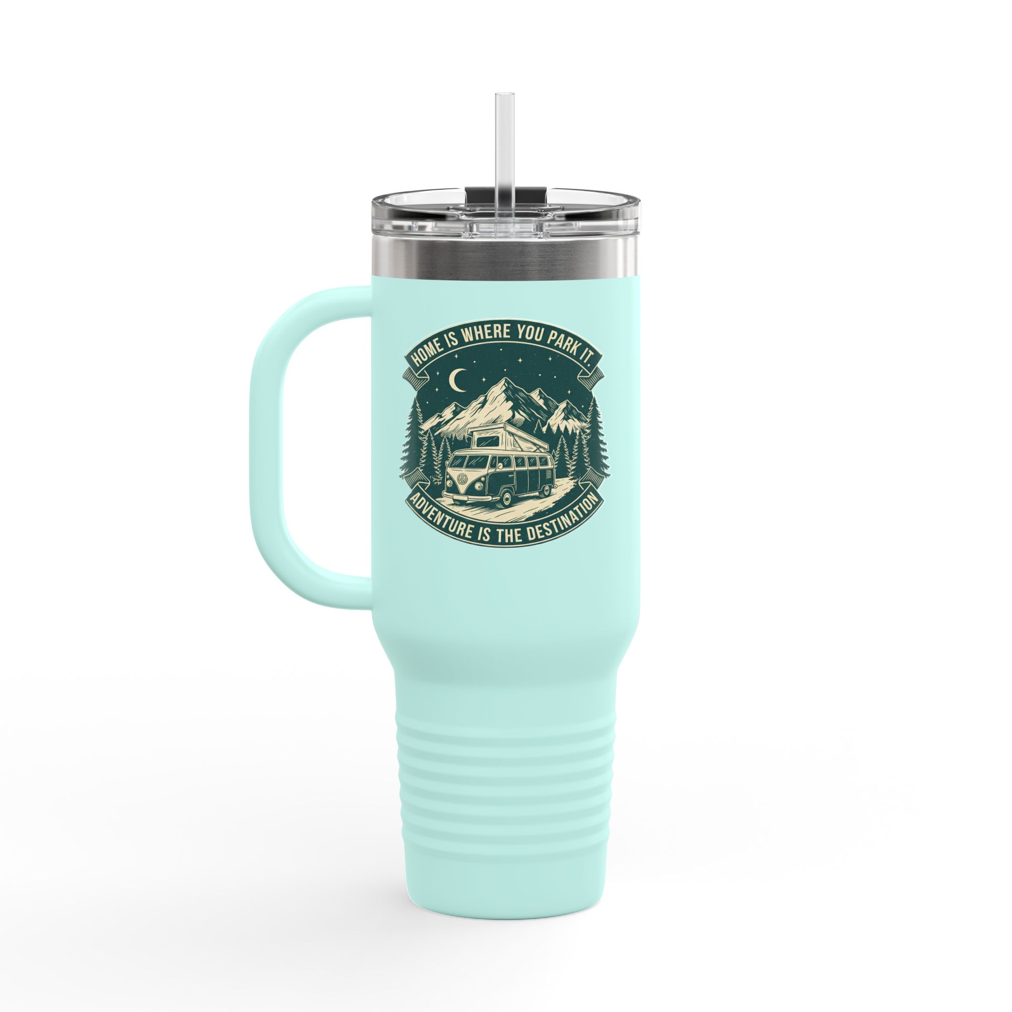 Insulated Travel Mug - "Home Is Where You Park It-Adventure is the destination" (40oz) – Retro Camper Design, Keep Drinks Hot or Cold