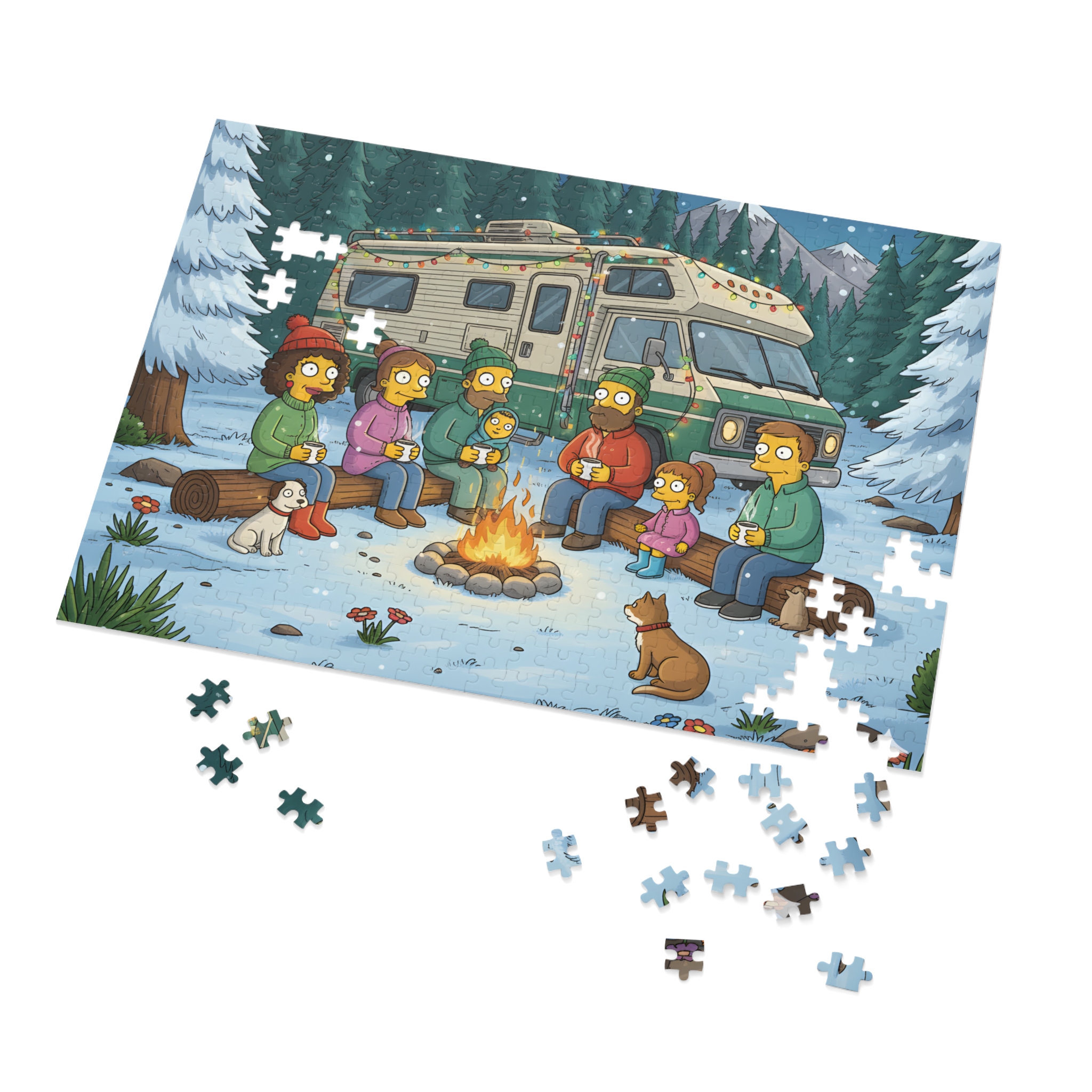 Jigsaw Puzzle with Tin — Cozy RV Winter Scene with Campfire