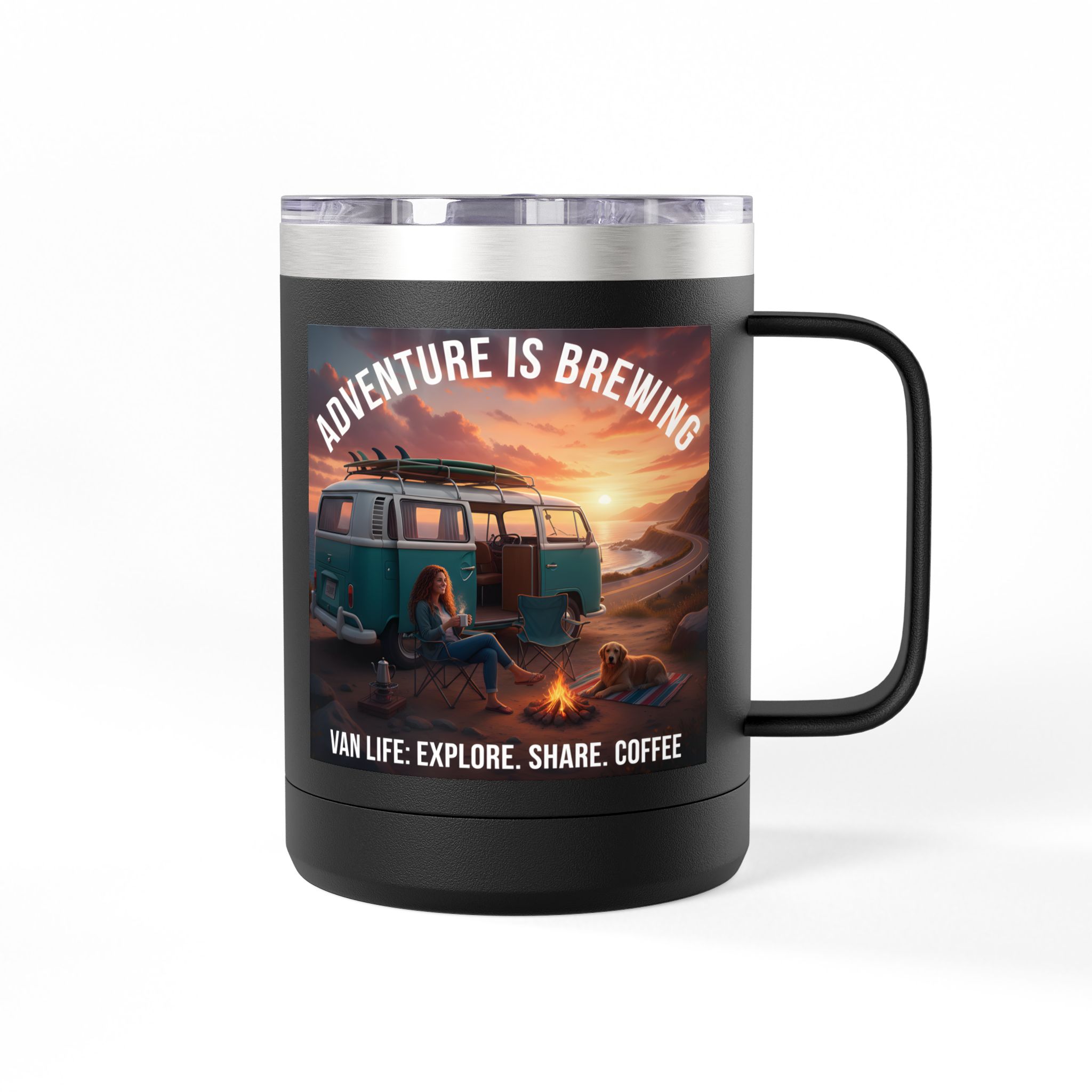 Coffee Mug Tumbler, 15oz-- "Adventure Is Brewing"