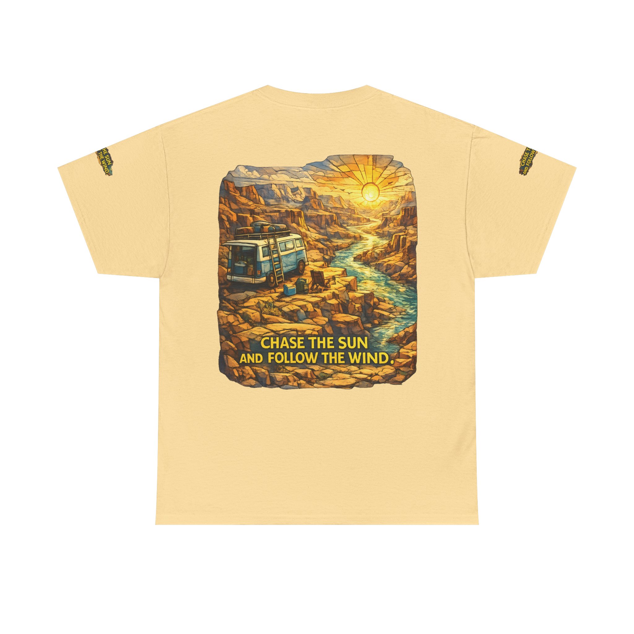 8858690599407227128_2048.jpeg Unisex Heavy Cotton Tee — "Chase The Sun And Follow The Wind" Design Cubic-Line