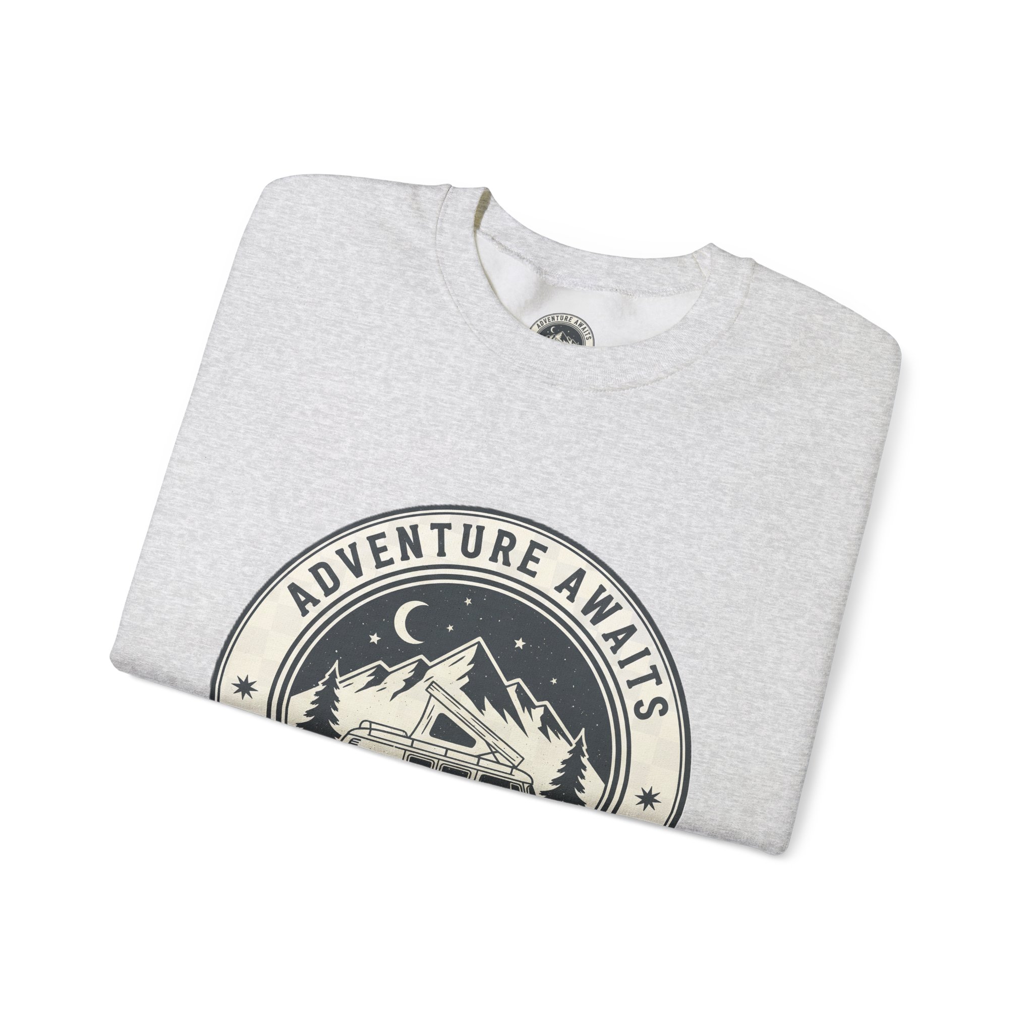 8862531768693300328_2048.jpeg Crewneck Sweatshirt — "Adventure Awaits-Go Where You Feel Most Alive" (Only Font printed) Vintage Camper Van Outdoor Graphic