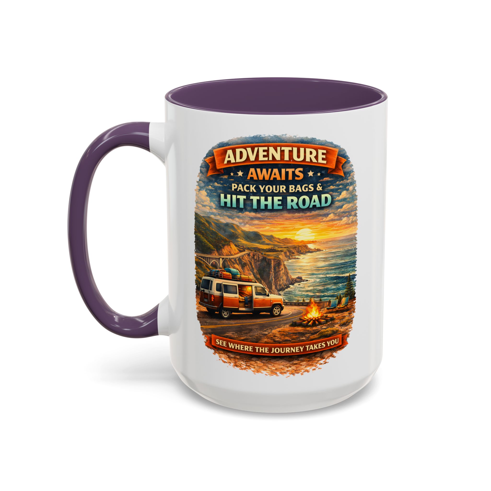 Accent Coffee Mug (11, 15oz) — "Adventure Awaits-Pack Your Bags" Design Scenic-Line