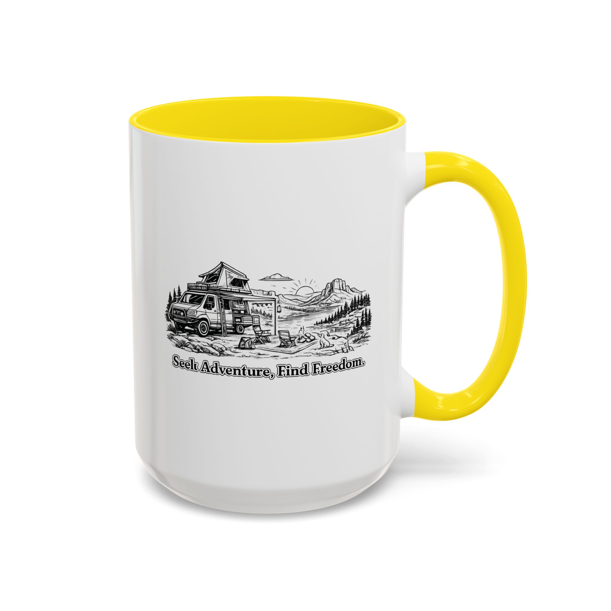 Accent Coffee Mug (11, 15oz) — "Seek Adventure, Find Freedom" Design Minimal-Line