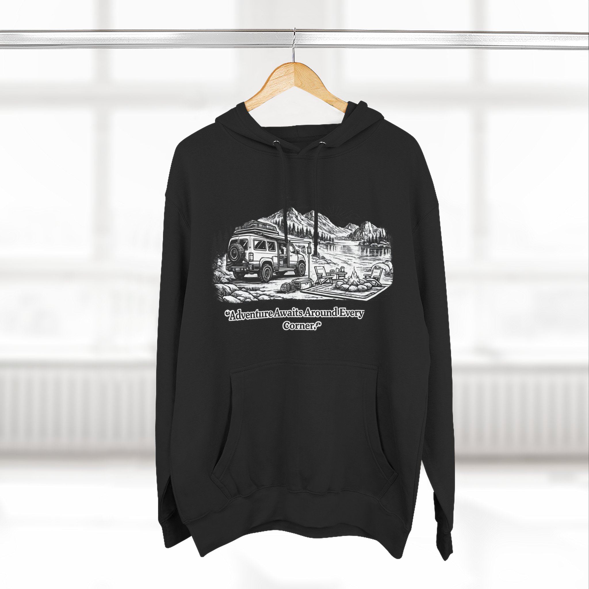 8909098281243338490_2048.jpeg Three-Panel Fleece Hoodie - "Adventure Awaits Around Every Corner" Design Minimal-Line