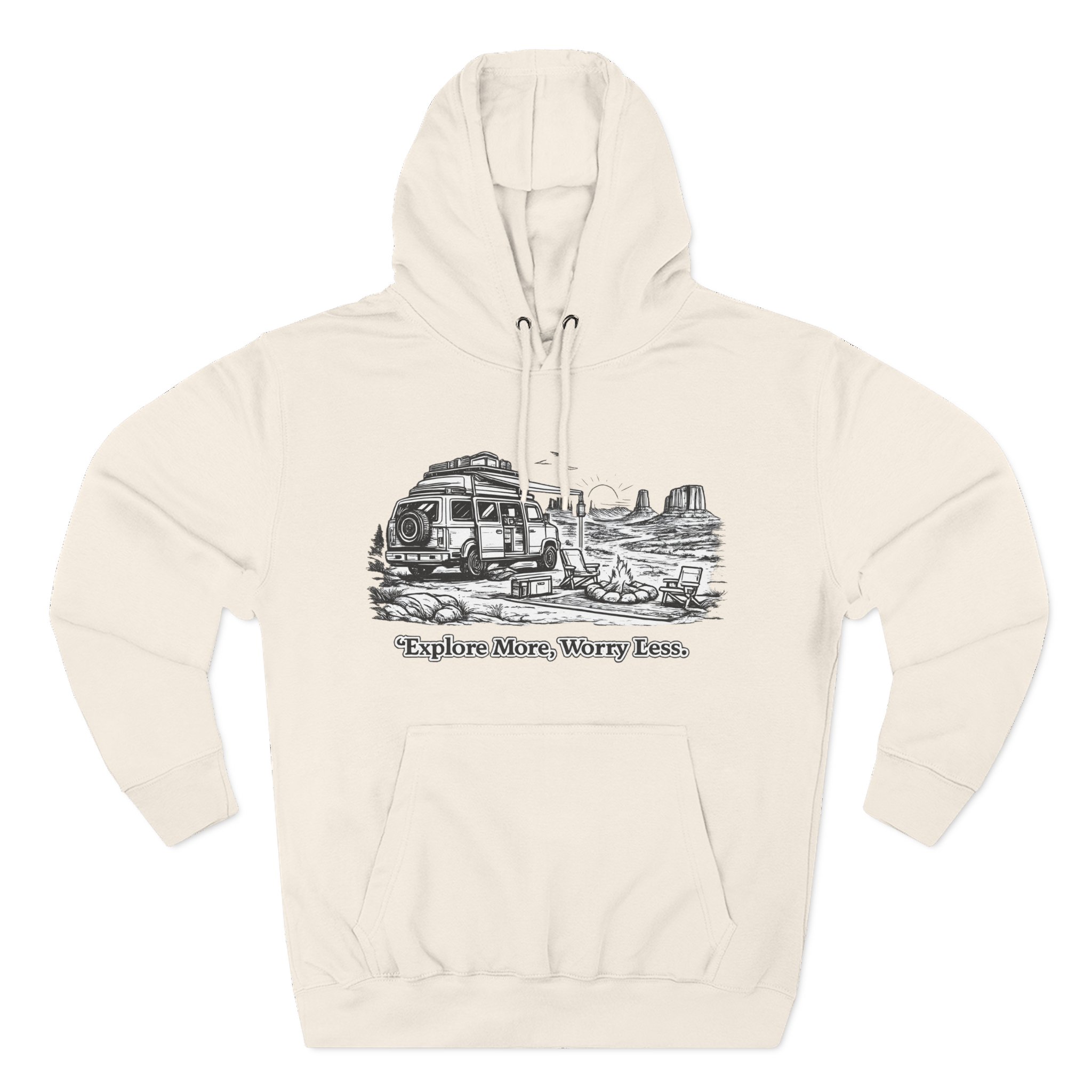 Three-Panel Fleece Hoodie - "Explore More Worry Less" Design Minimal-Line