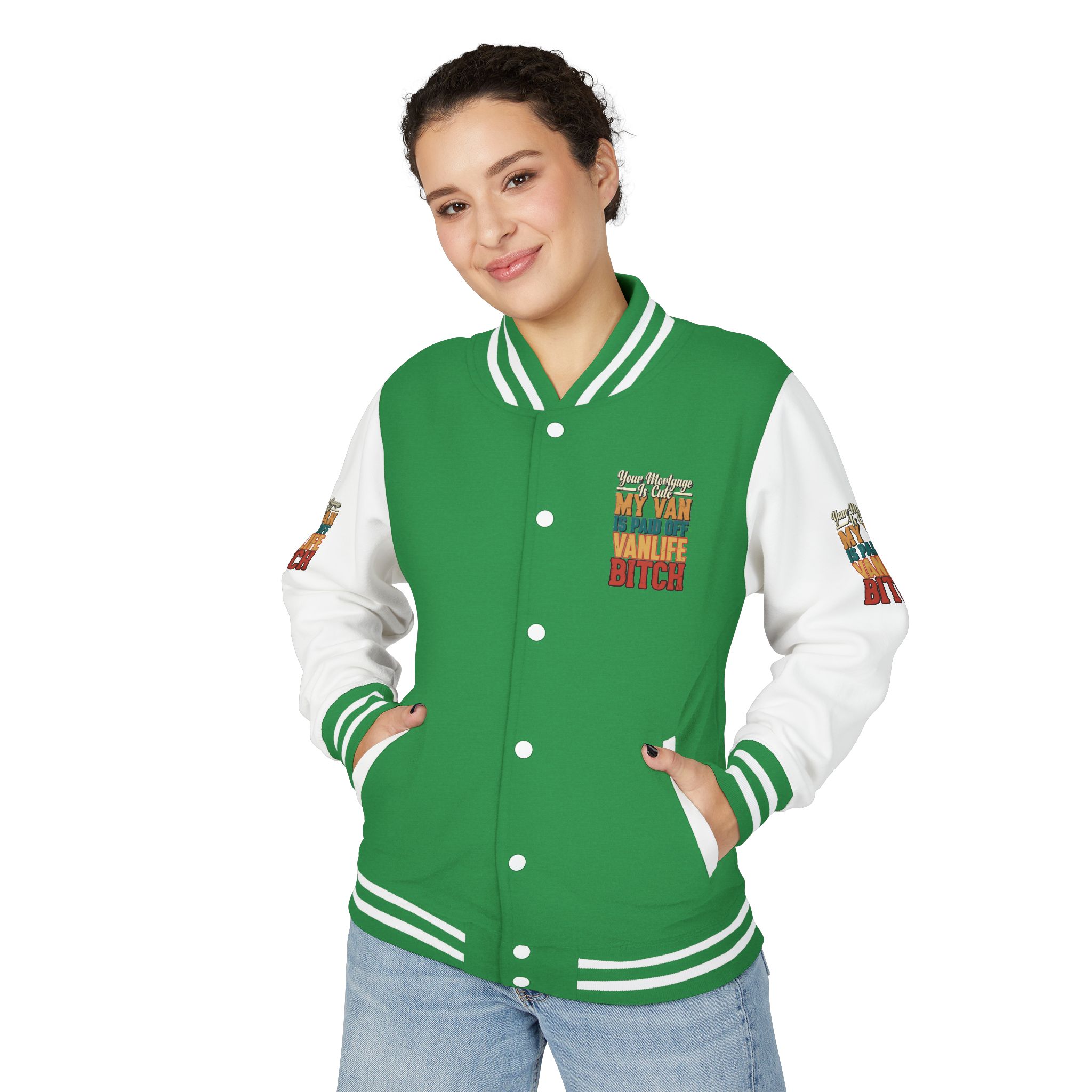 Unisex Heavyweight Letterman Jacket — "Your Mortgage Is Cute" Design F**K-Line