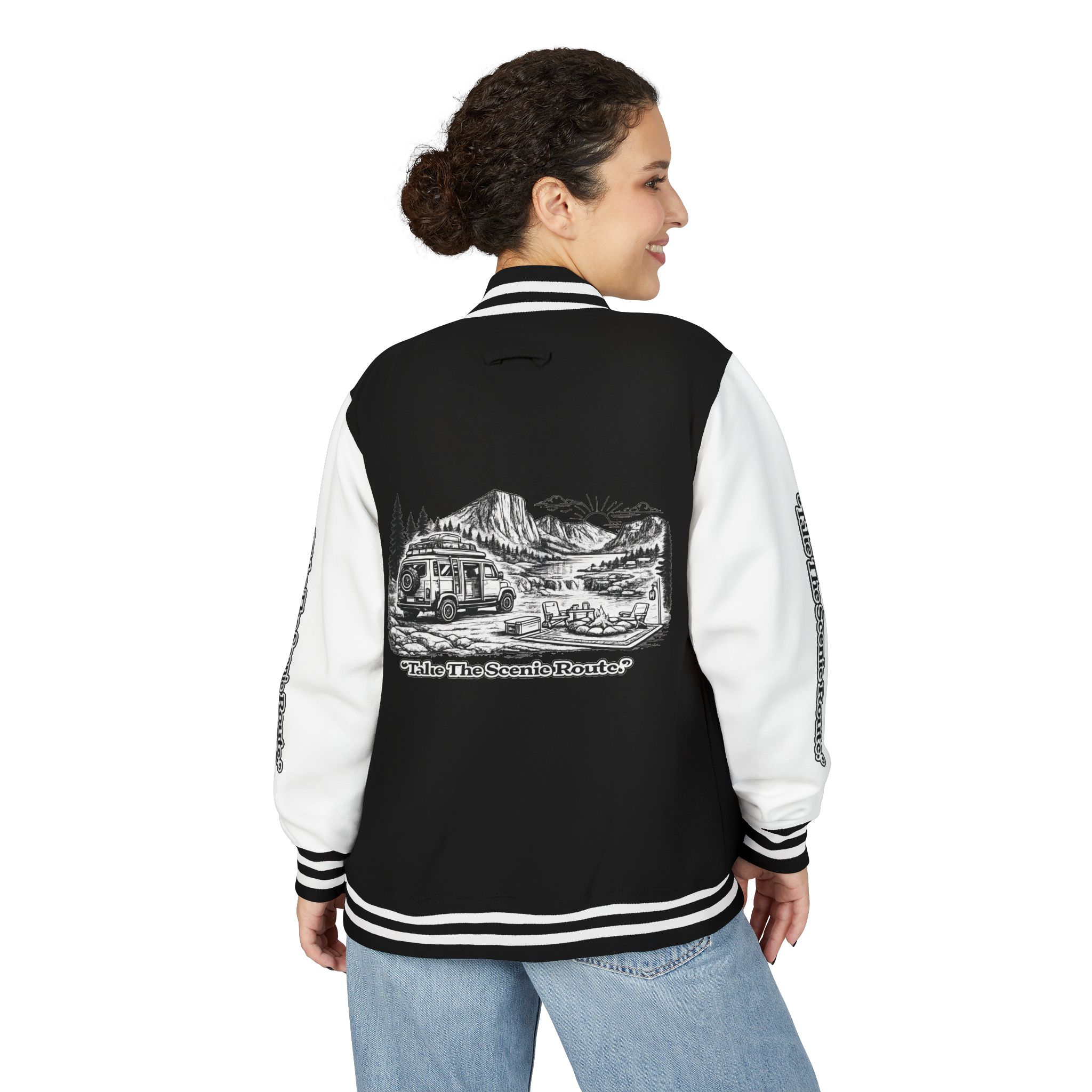 Unisex Heavyweight Letterman Jacket — "Take The Scenic Route" Travel Varsity Coat