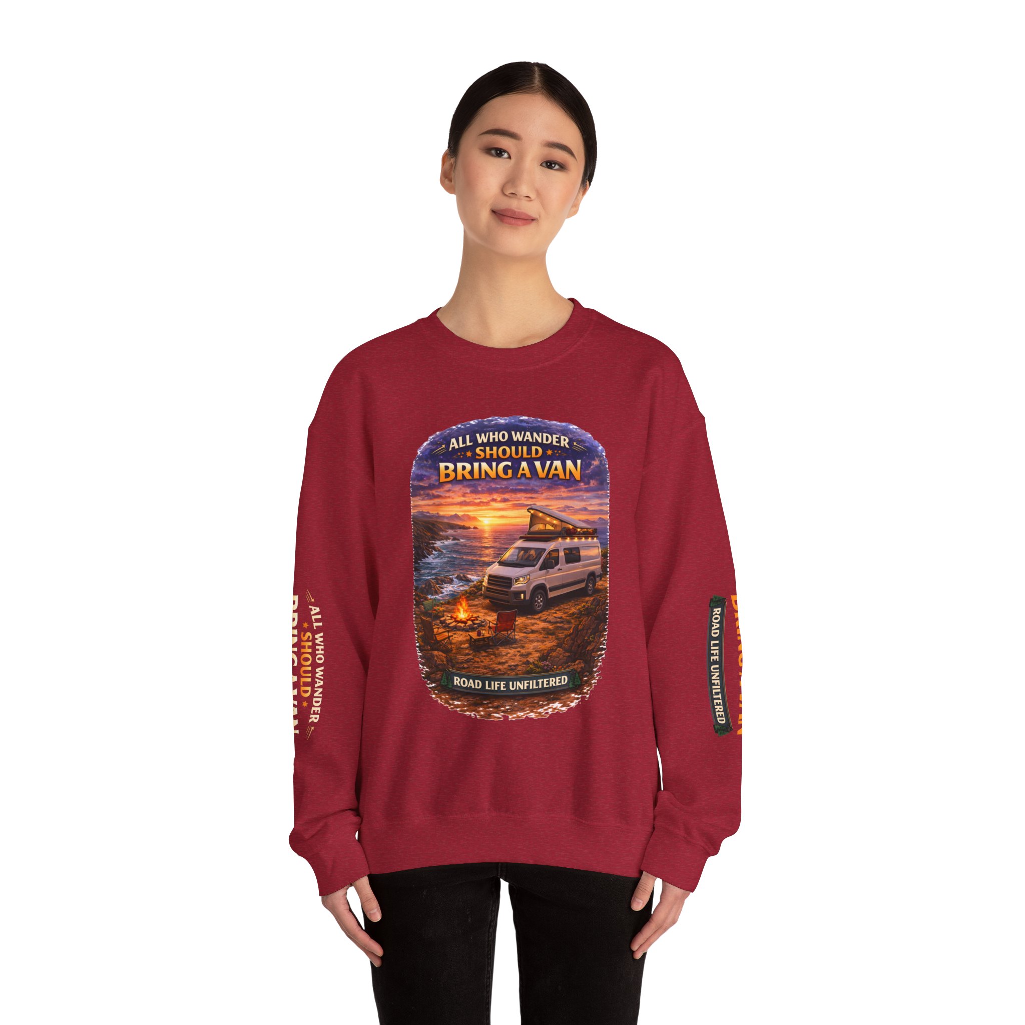 Unisex Heavy Blend™ Crewneck Sweatshirt — "All Who wander Should Bring A Van" Design Scenic-Line