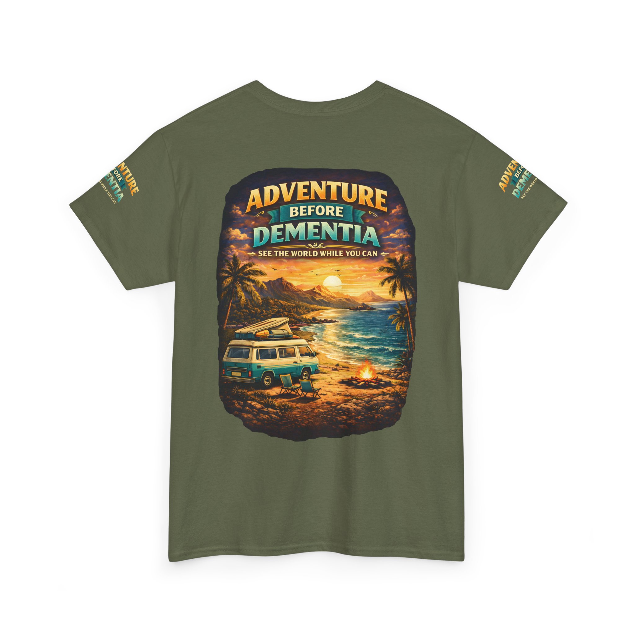 Unisex Heavy Cotton Tee — "Adventure Before Dementia" Design Scenic-Line