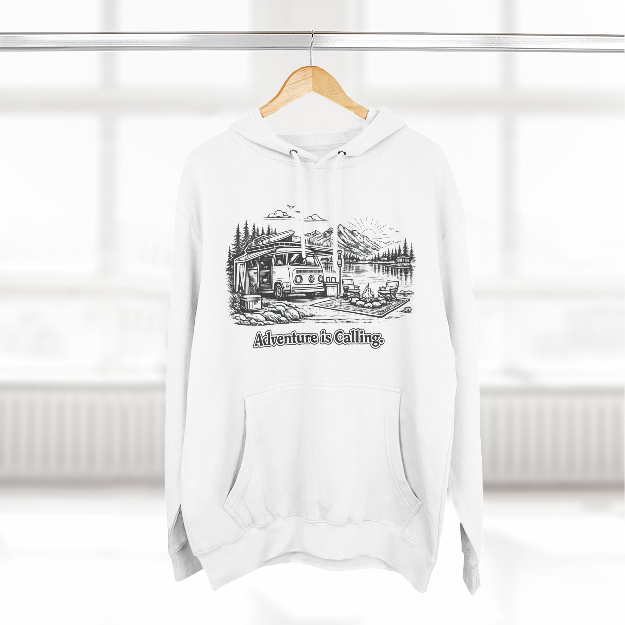 Three-Panel Fleece Hoodie - "Adventure Is Calling" Design Minimal-Line