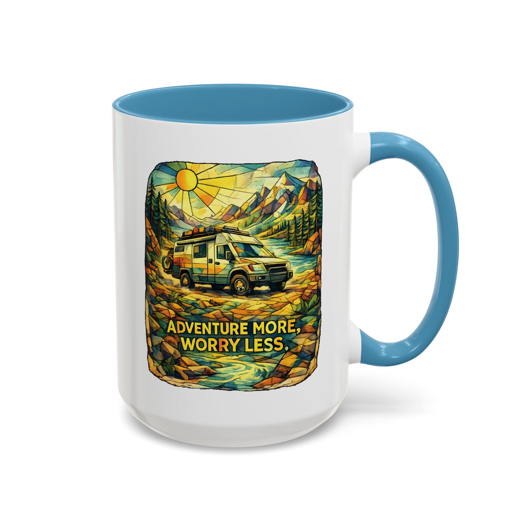 Accent Coffee Mug (11, 15oz) — "Adventure More Worry Less" Design Cubic-Line