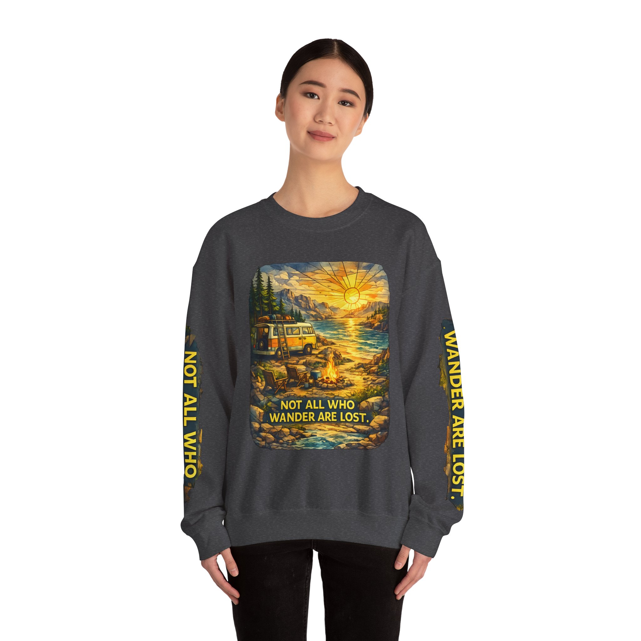 Unisex Heavy Blend™ Crewneck Sweatshirt — "Not All Who Wander Are Lost" Design Cubic-Line