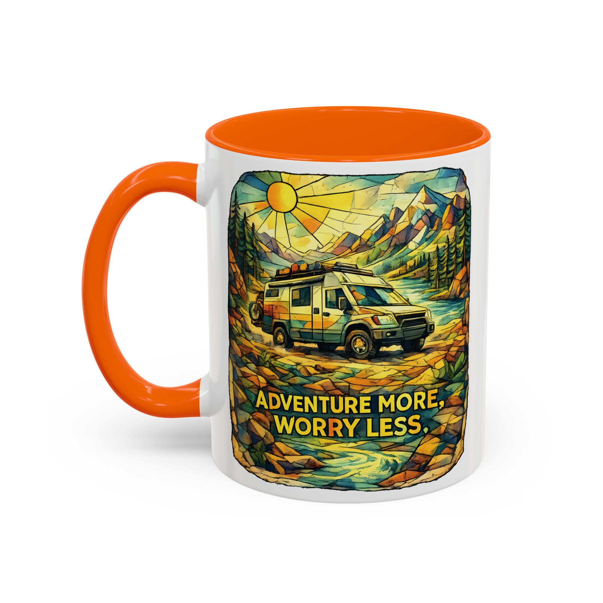 Accent Coffee Mug (11, 15oz) — "Adventure More Worry Less" Design Cubic-Line