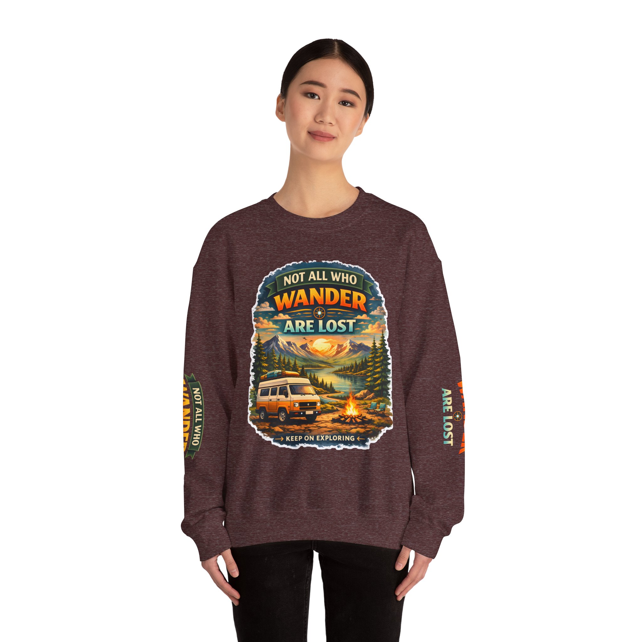 Unisex Heavy Blend™ Crewneck Sweatshirt — "Not All Who Wander Are Lost" Design Scenic-Line