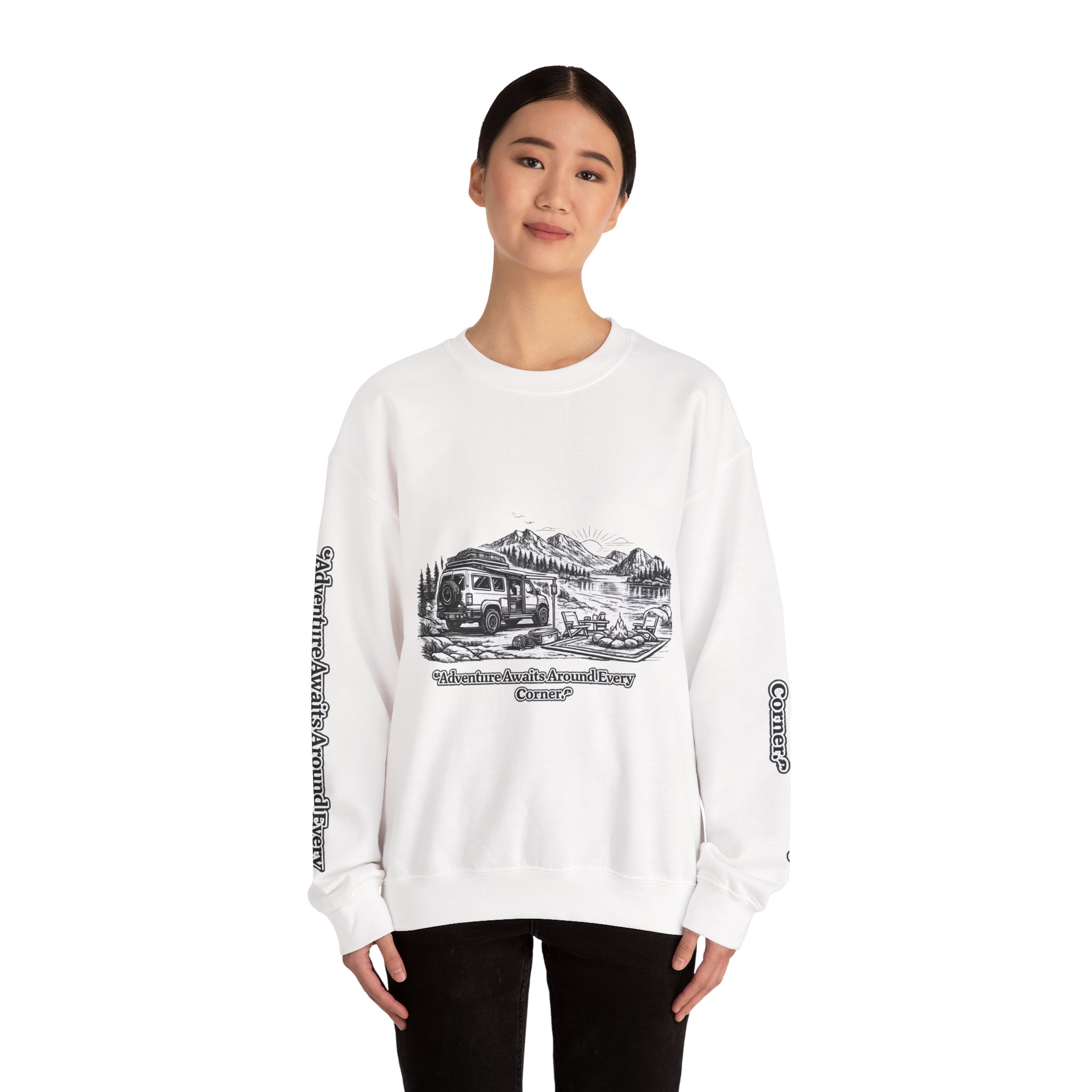 8958029513774131486_2048.jpeg Unisex Heavy Blend™ Crewneck Sweatshirt — "Adventure Awaits Around Every Corner" Design Minimal-Line