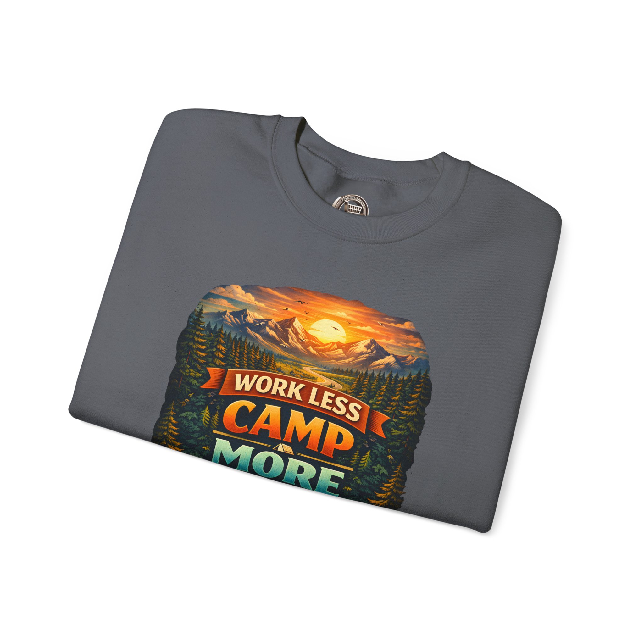 Unisex Heavy Blend™ Crewneck Sweatshirt — "Work Less-Camp More" Design Scenic-Line