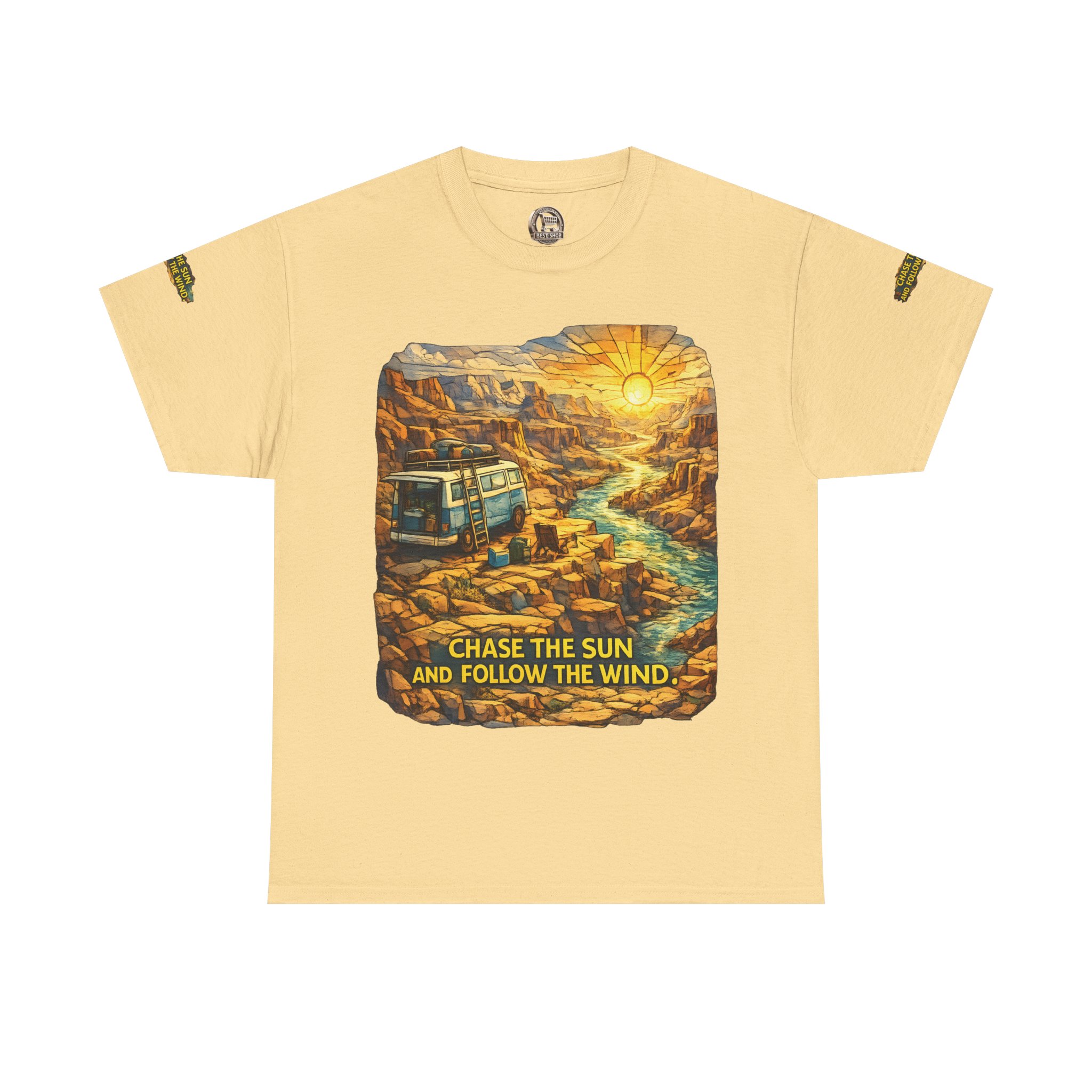 8965275210544596758_2048.jpeg Unisex Heavy Cotton Tee — "Chase The Sun And Follow The Wind" Design Cubic-Line