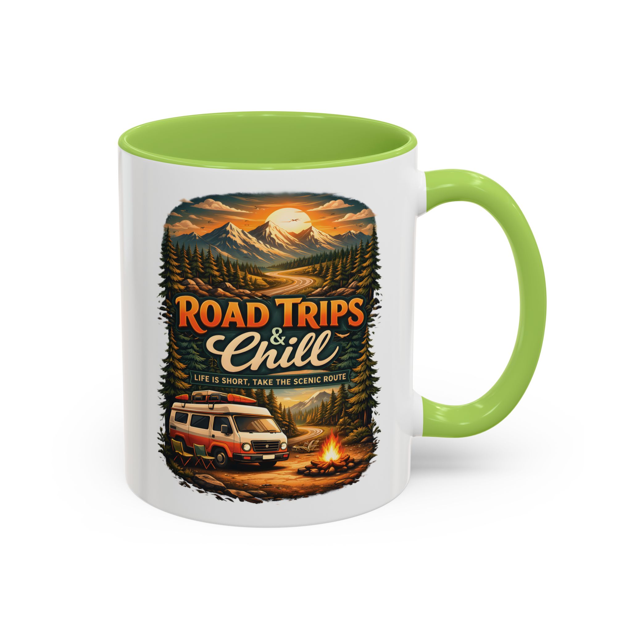 Accent Coffee Mug (11, 15oz) — "Road Trips & Chill" Design Scenic-Line
