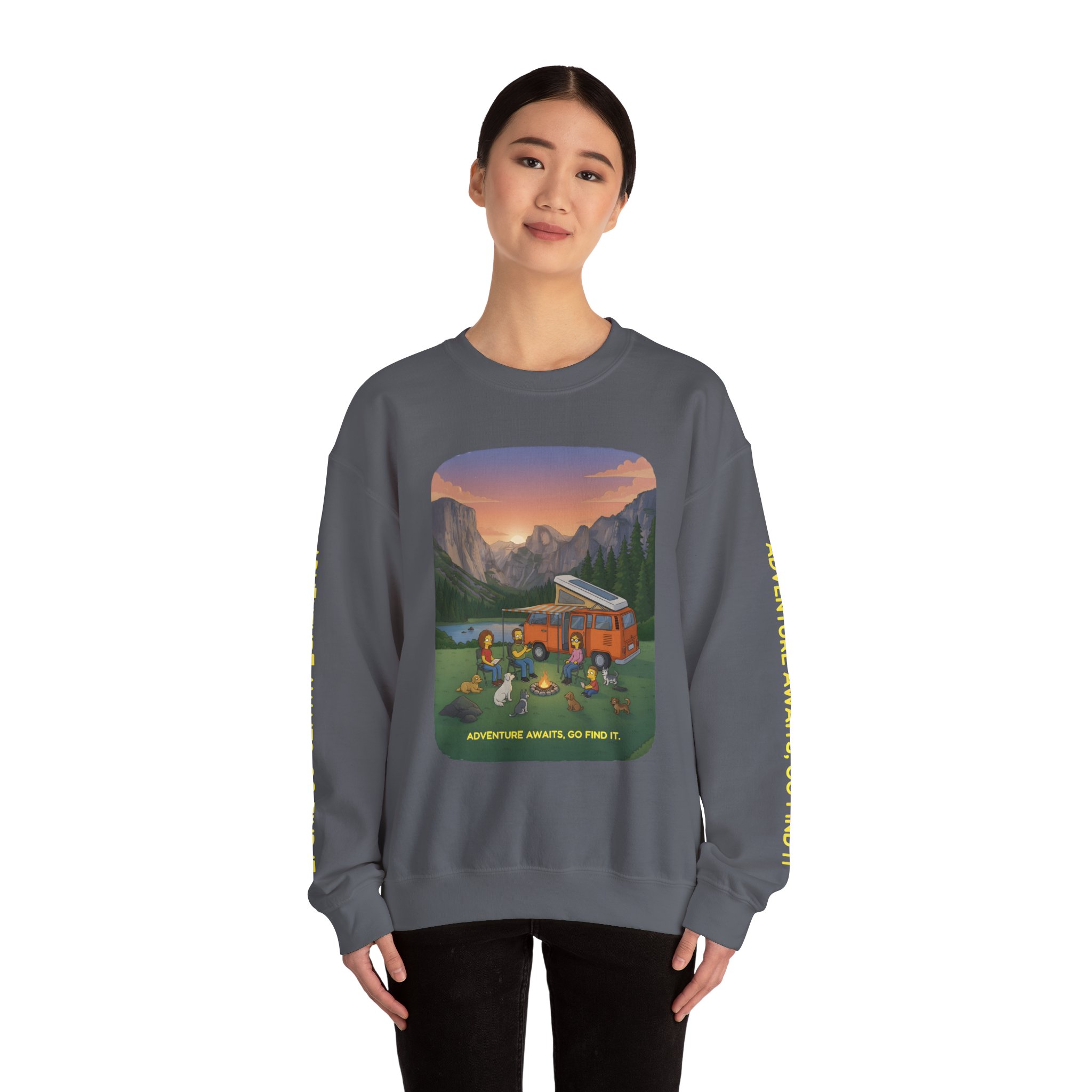Unisex Heavy Blend™ Crewneck Sweatshirt — "Adventure Awaits-Go Find It"" Design Sitcom-Line