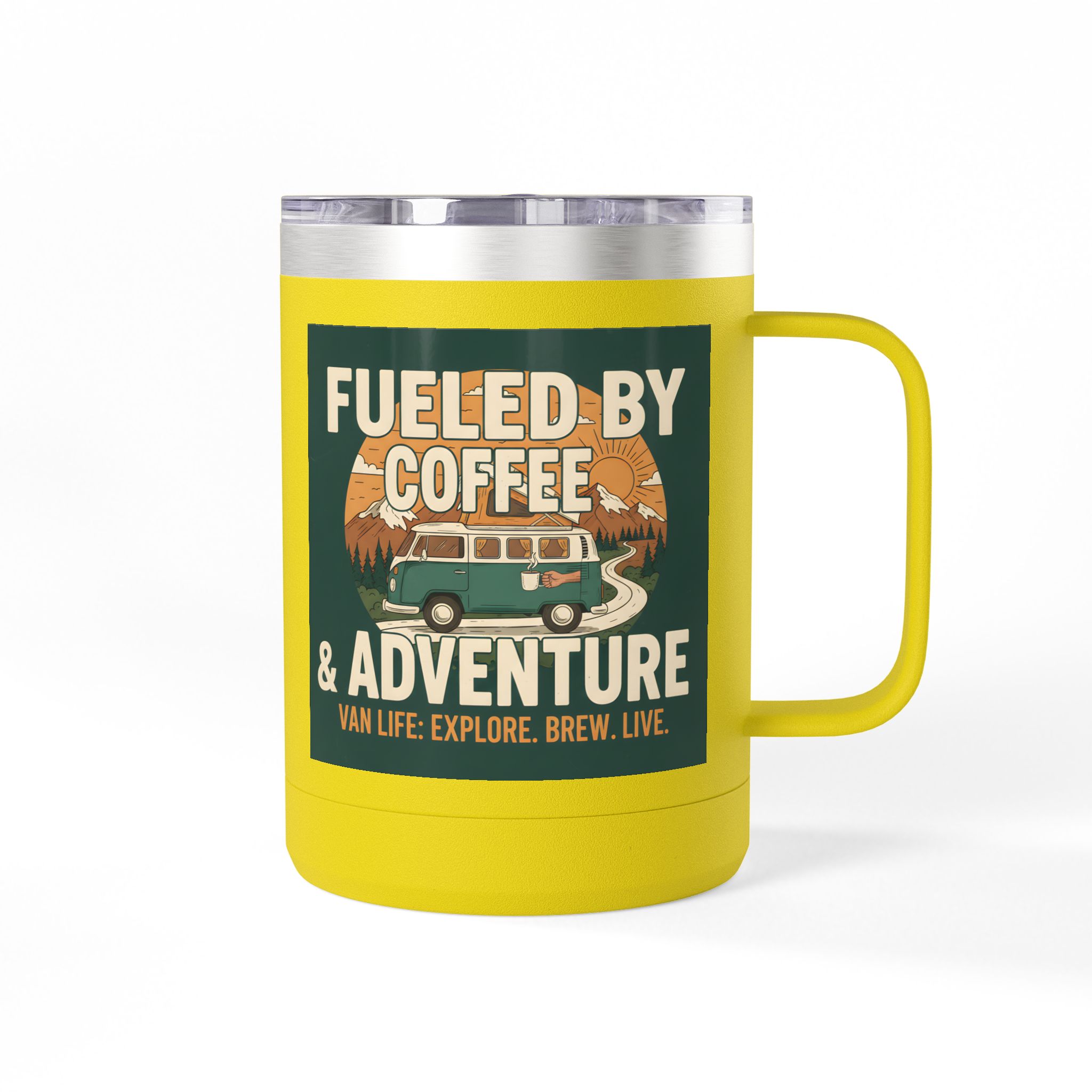 Coffee Mug Tumbler, 15oz — "Fueled by Coffee & Adventure"
