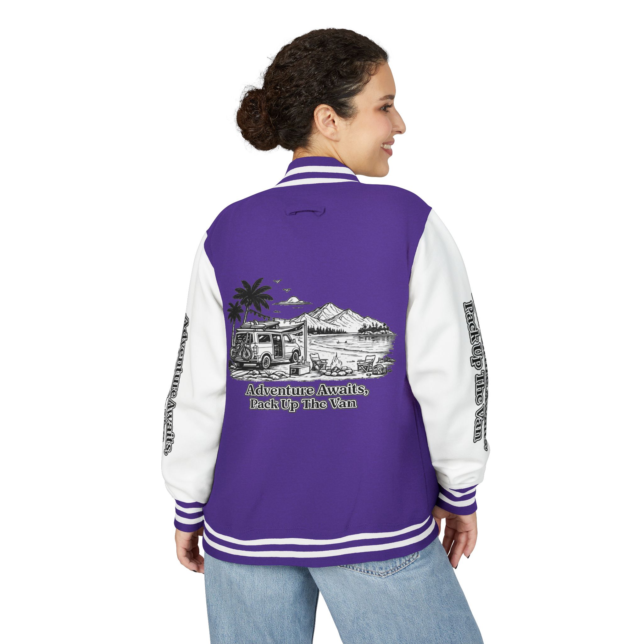 Unisex Heavyweight Letterman Jacket — "Adventure Awaits,Pack Up The Van" Travel Varsity Coat